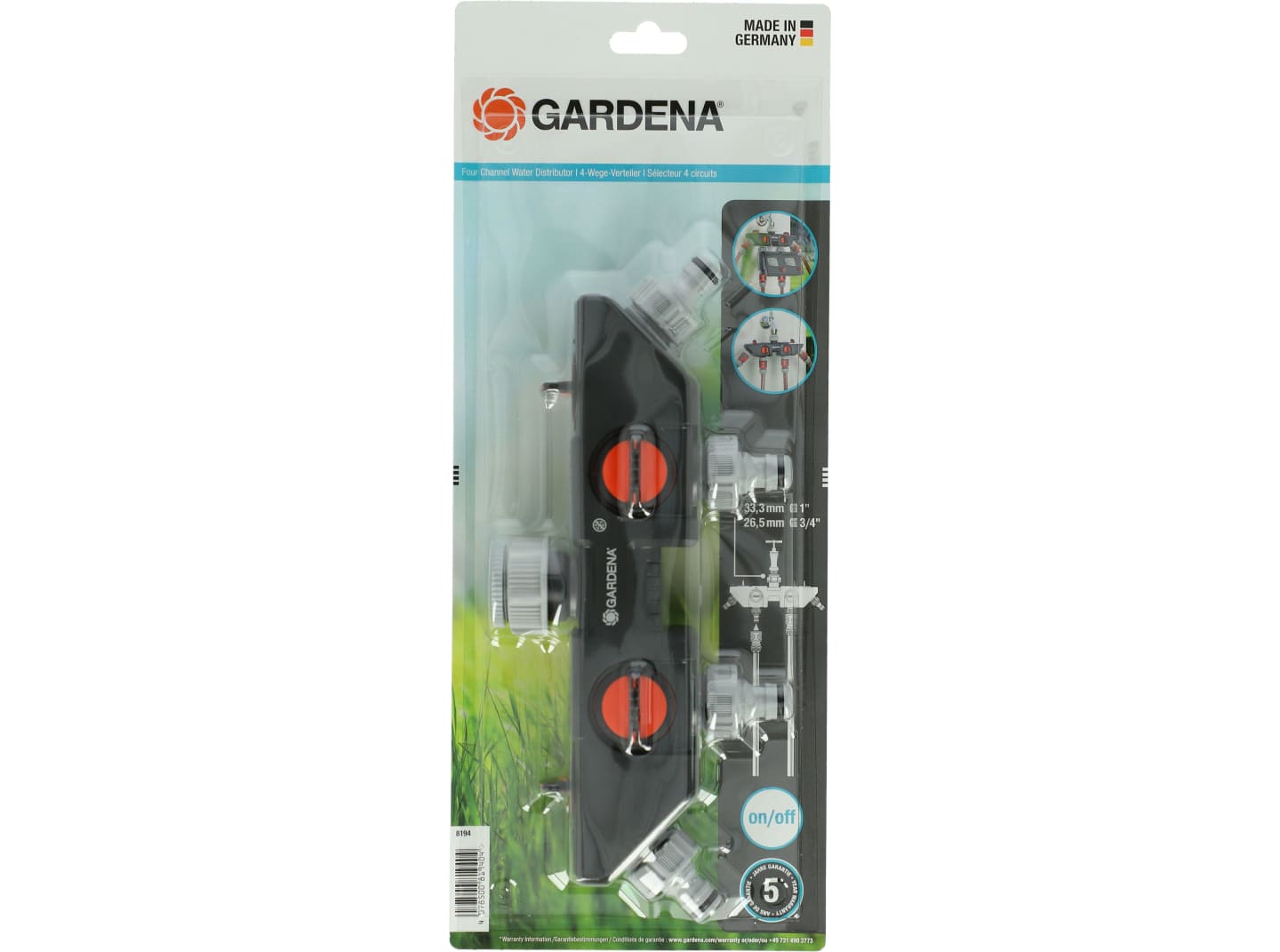 GARDENA 4-Wege-Verteiler G 3/4" IG; G 1" IG für Wasserhähne mit 26,5 mm (G 3/4" AG) und 33,3 mm (G 1" AG), 08194-20