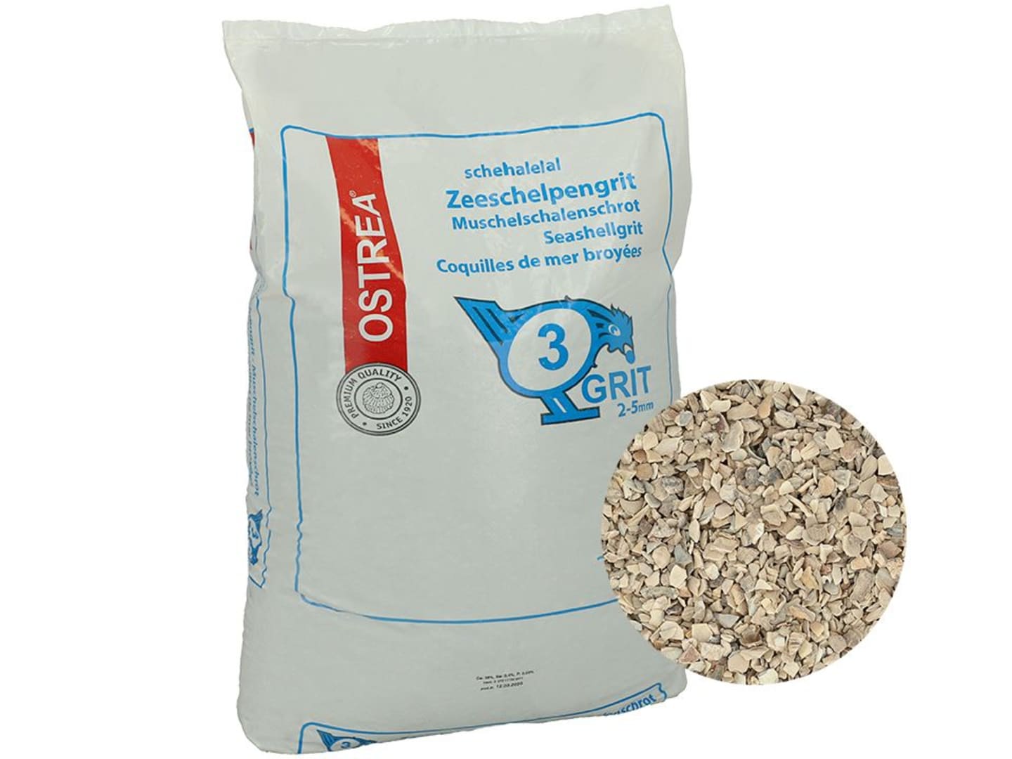 OSTREA® Muschelschalenschrot 2-5 mm Calciumquelle für die Aufzucht, Legehennen und Mastgeflügel 25 kg Sack