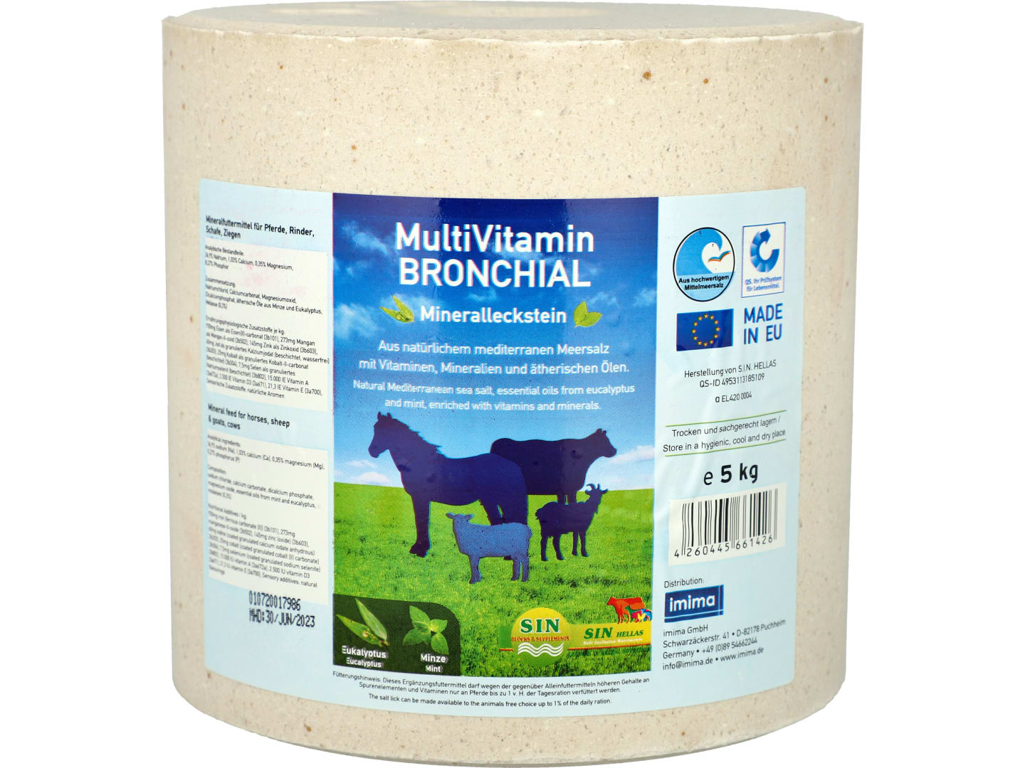 S.I.N. HELLAS MultiVitamin BRONCHIAL Mineralleckstein aus Meersalz mit ätherischen Ölen aus Minze und Eukalyptus für Pferde, Rinder, Schafe, Ziegen 5 kg Leckstein