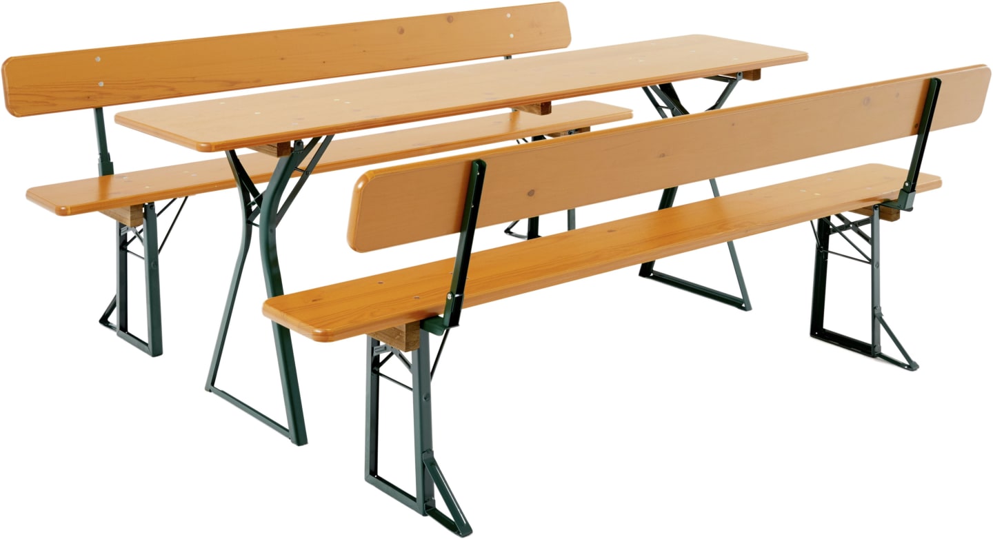 RUKU Bierzeltgarnitur, 220 cm, 50 cm breiter Tisch mit Beinfreiheit Kiefer 1 Tisch + 2 Bänke mit Lehne 3-teilig