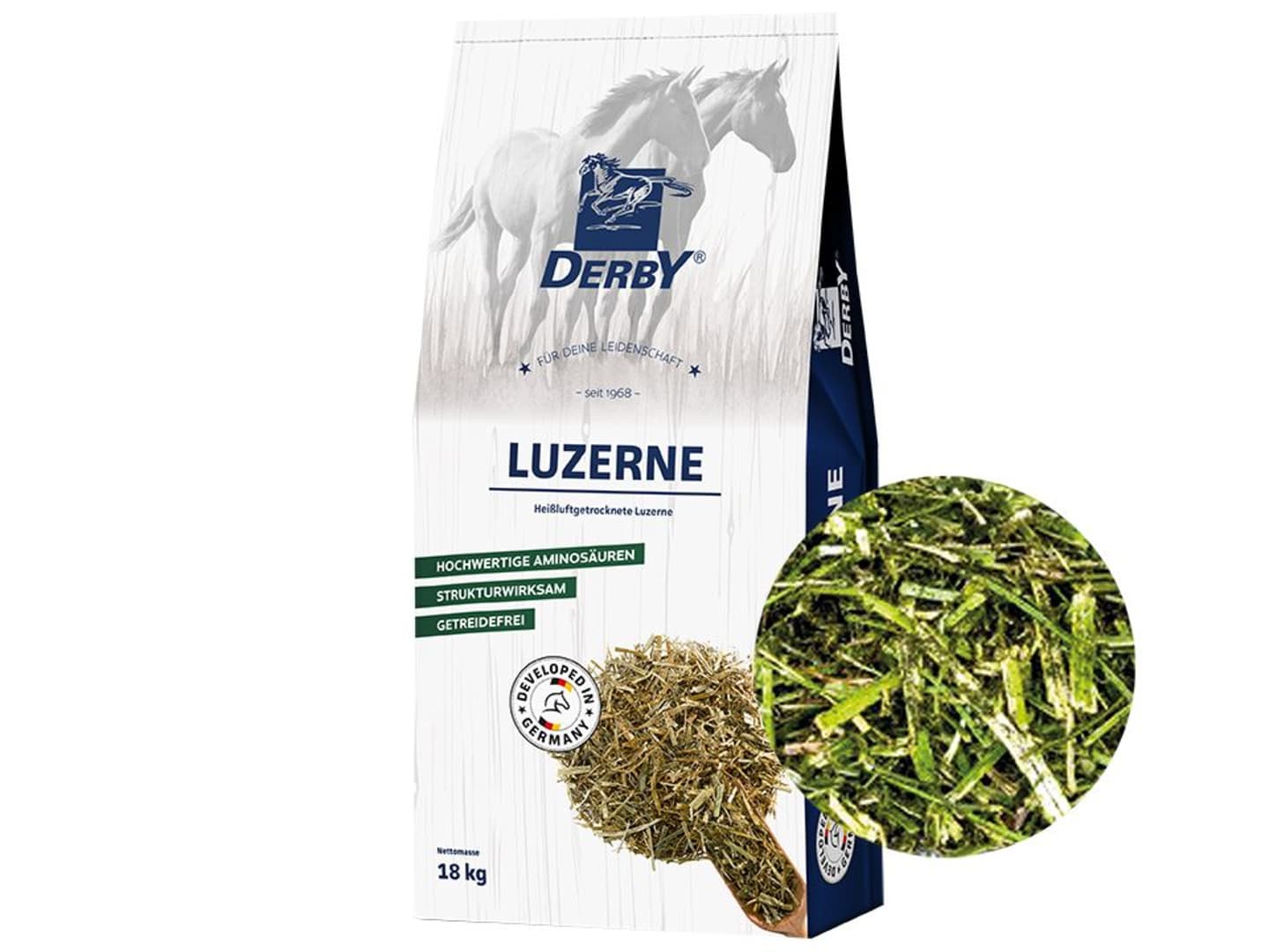 DERBY® Luzerne Pferdefutter mit hohen nativen Gehalten an Aminosäuren Faser 18 kg Sack