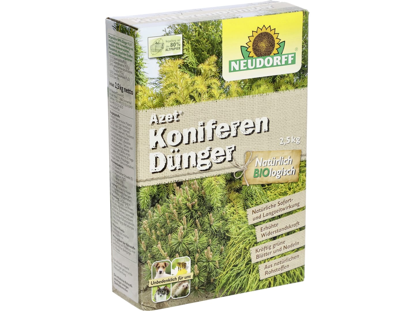 NEUDORFF AZET Koniferendünger Organischer NPK-Dünger 9-3-5 mit Eisen 2,5 kg Schachtel 50 m² Granulat