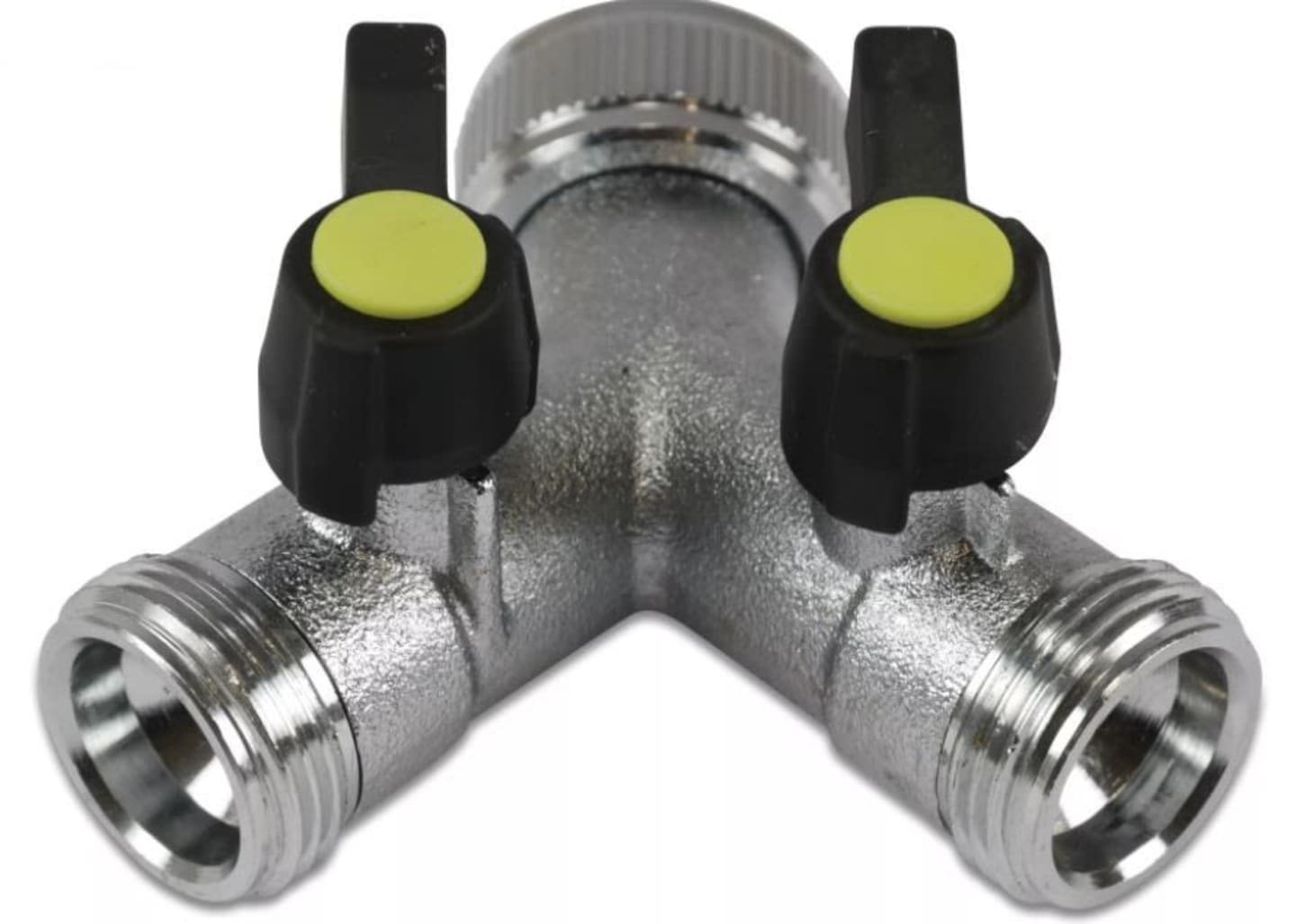 3-Wegeventil 3/4" IG; 3/4" AG, 2 x Kugelhahn, Messing verchromt