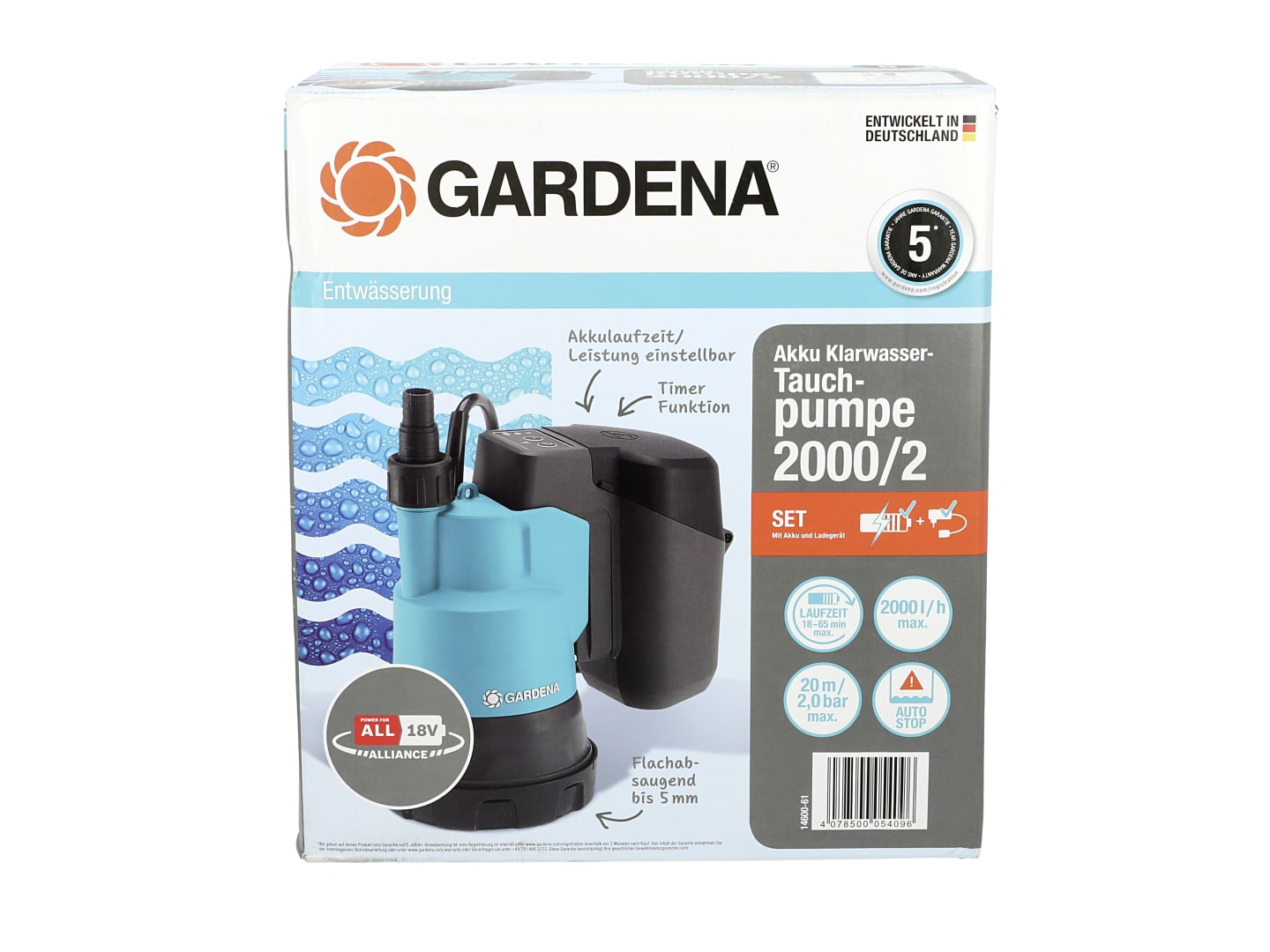 GARDENA Akku-Klarwasser-Tauchpumpe 2000/2 18V P4A Ready-To-Use Set 14600-61