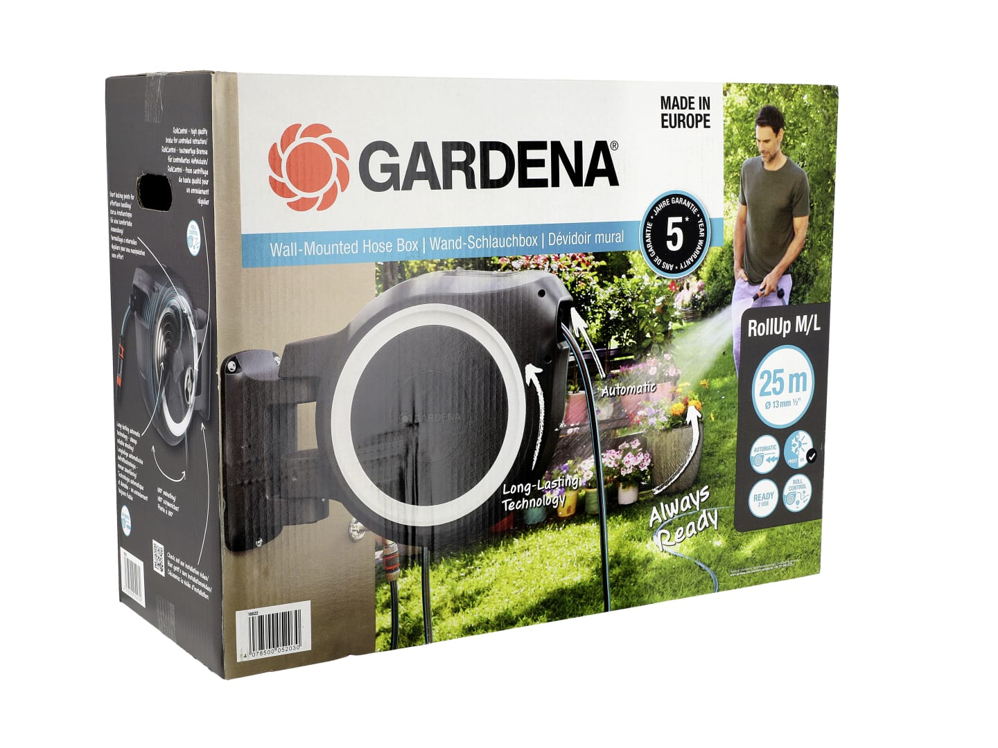 GARDENA Wand-Schlauchbox RollUp mit Gartenschlauch Schlauchtrommel, Gartenschlauchbox 18622-20