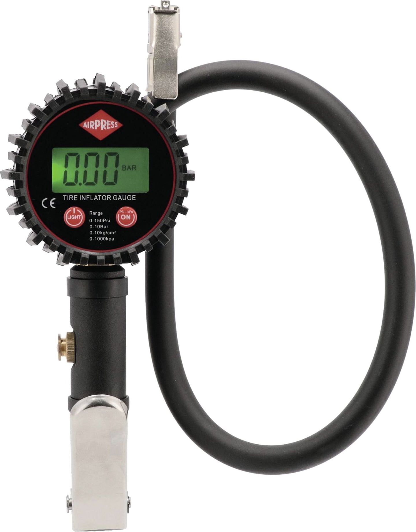 Airpress Reifenfüllprüfer, 0 bis 10 bar, 1/4" IG; Euro NW 7,2 mm; Orion NW 5,5 mm, digital, batteriebetrieben, Gummischutz, Euro- und Orion-Stecknippel, 42064