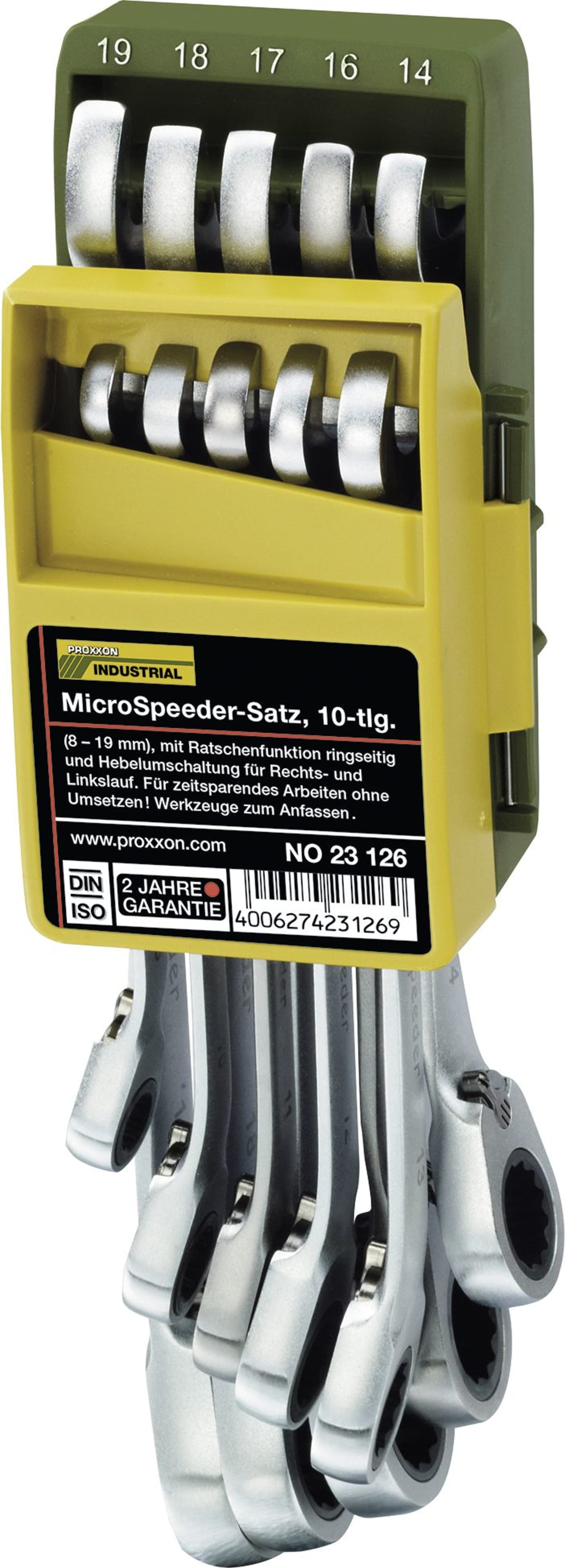 Proxxon Gabel-Ringschlüsselsatz "MicroSpeeder" 10-teilig, mit Ratschenmechanismus, im Klapphalter, 23126