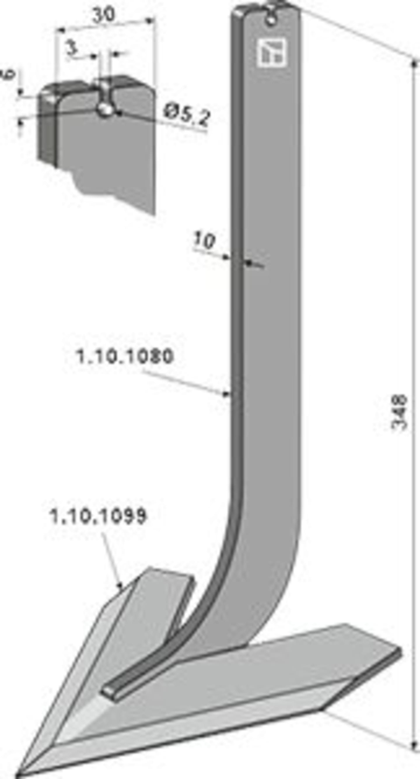 Industriehof® Hackscharstiel 348 x 30 x 10 mm, mit Schar 140 mm, für Steketee, 1.10.1095