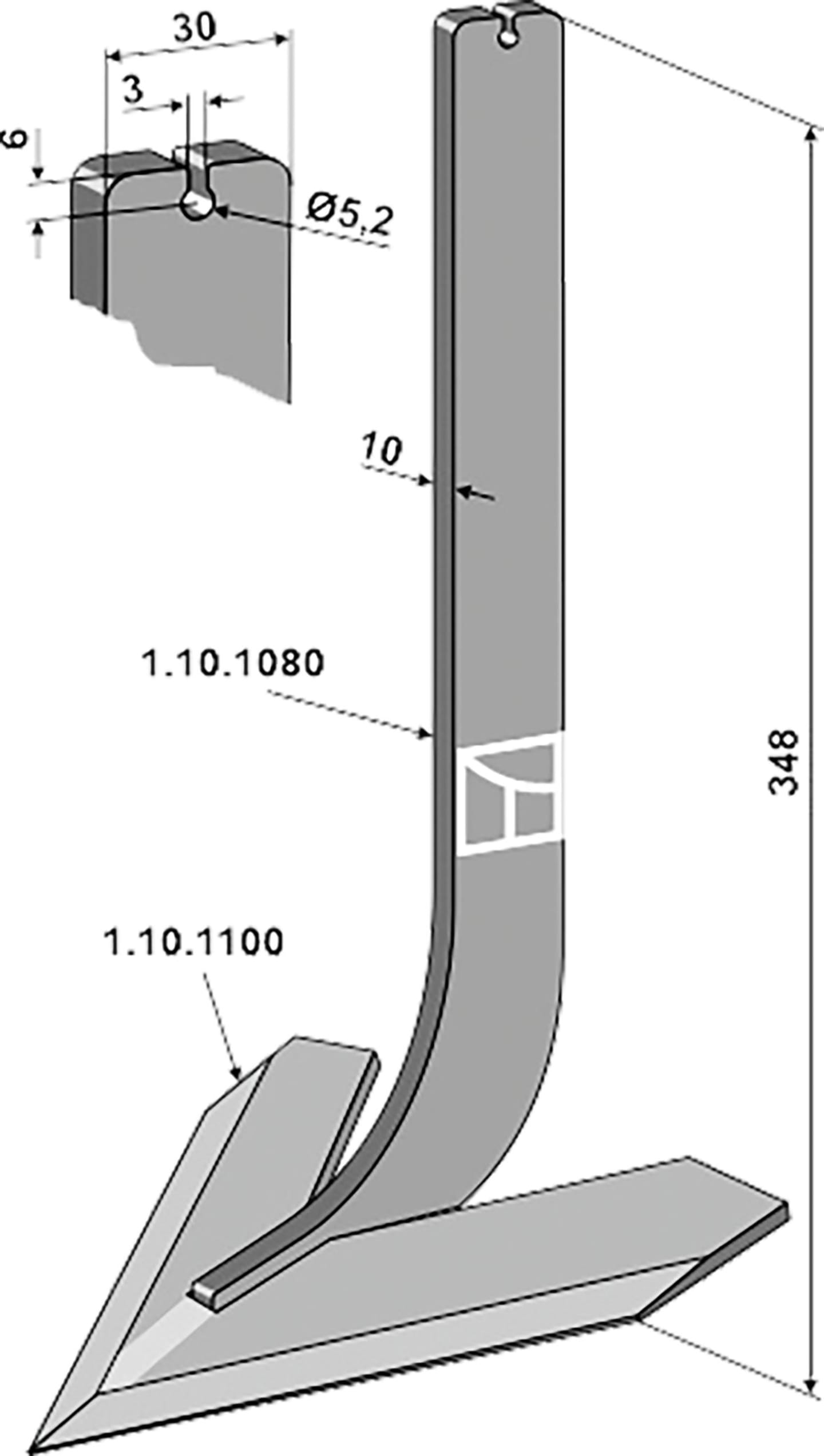 Industriehof® Hackscharstiel 348 x 30 x 10 mm, mit Schar 160 mm, für Steketee, 1.10.1096