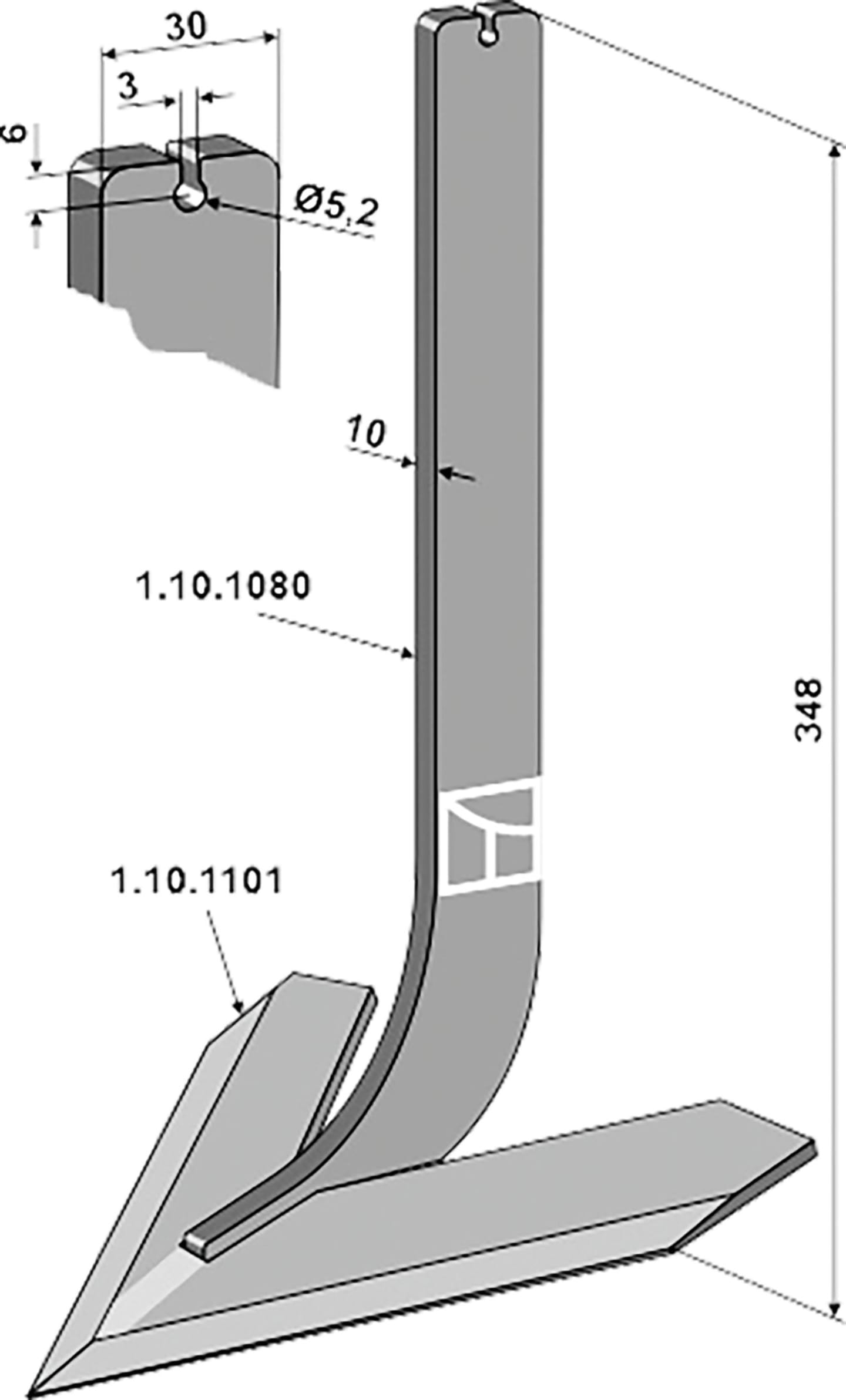 Industriehof® Hackscharstiel 348 x 30 x 10 mm, mit Schar 180 mm, für Steketee, 1.10.1097