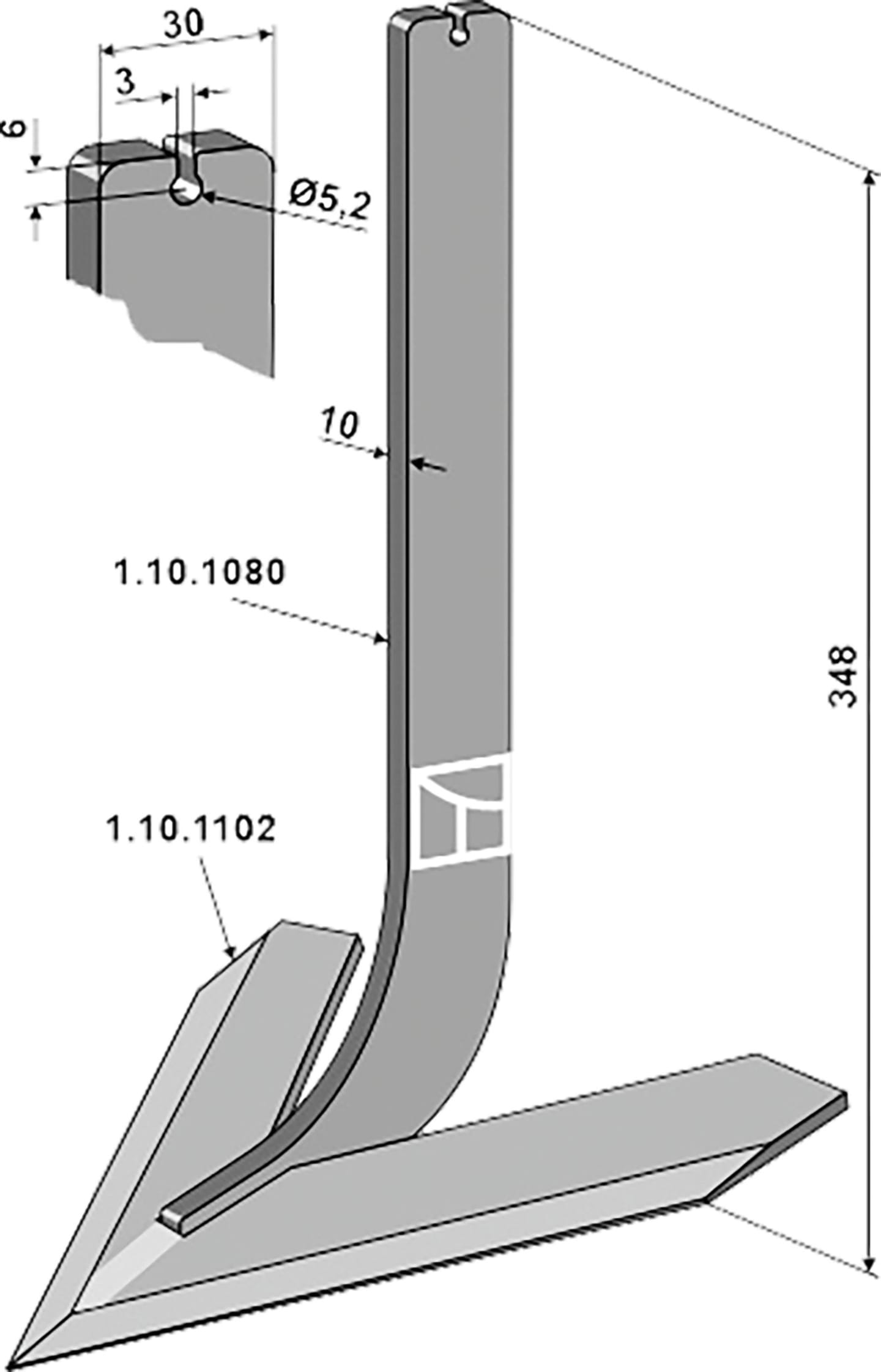 Industriehof® Hackscharstiel 348 x 30 x 10 mm, mit Schar 200 mm, für Steketee, 1.10.1098