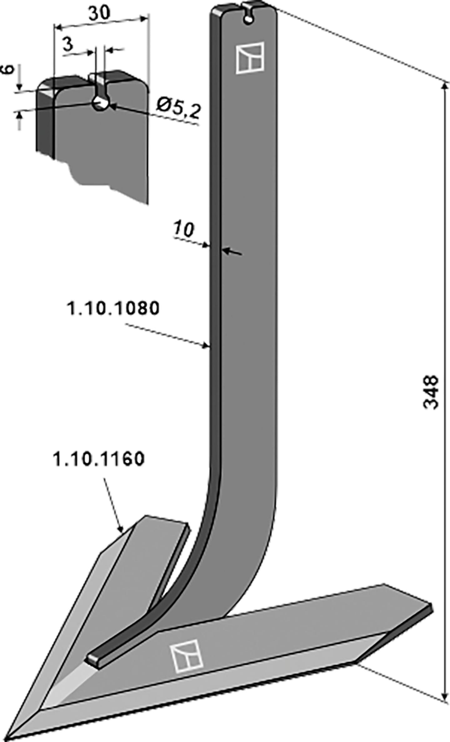Industriehof® Hackscharstiel 348 x 30 x 10 mm, mit Schar 220 mm, für Steketee, 1.10.1161