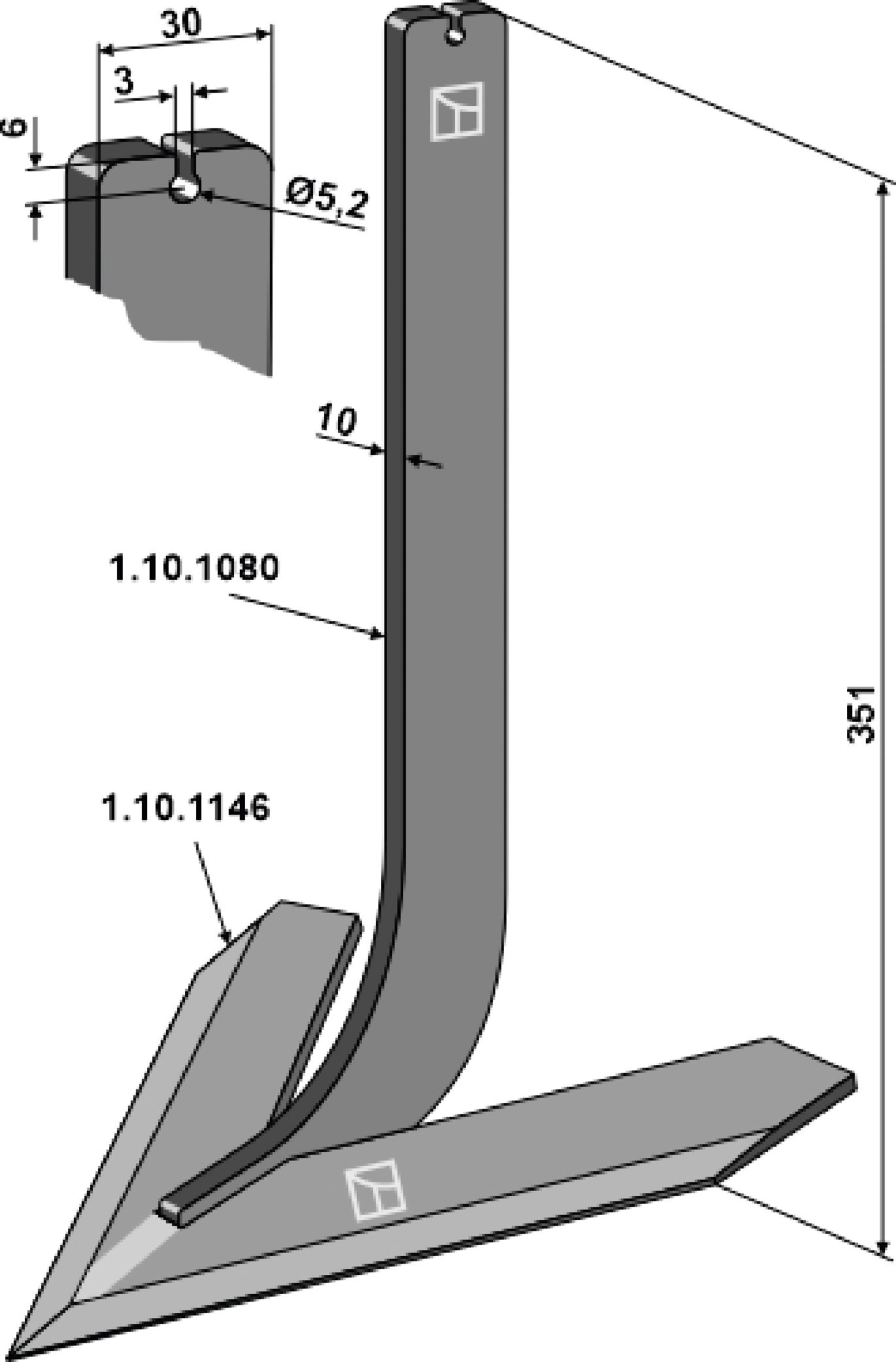 Industriehof® Hackscharstiel 348 x 30 x 10 mm, mit Schar 240 mm, für Steketee, 1.10.1162