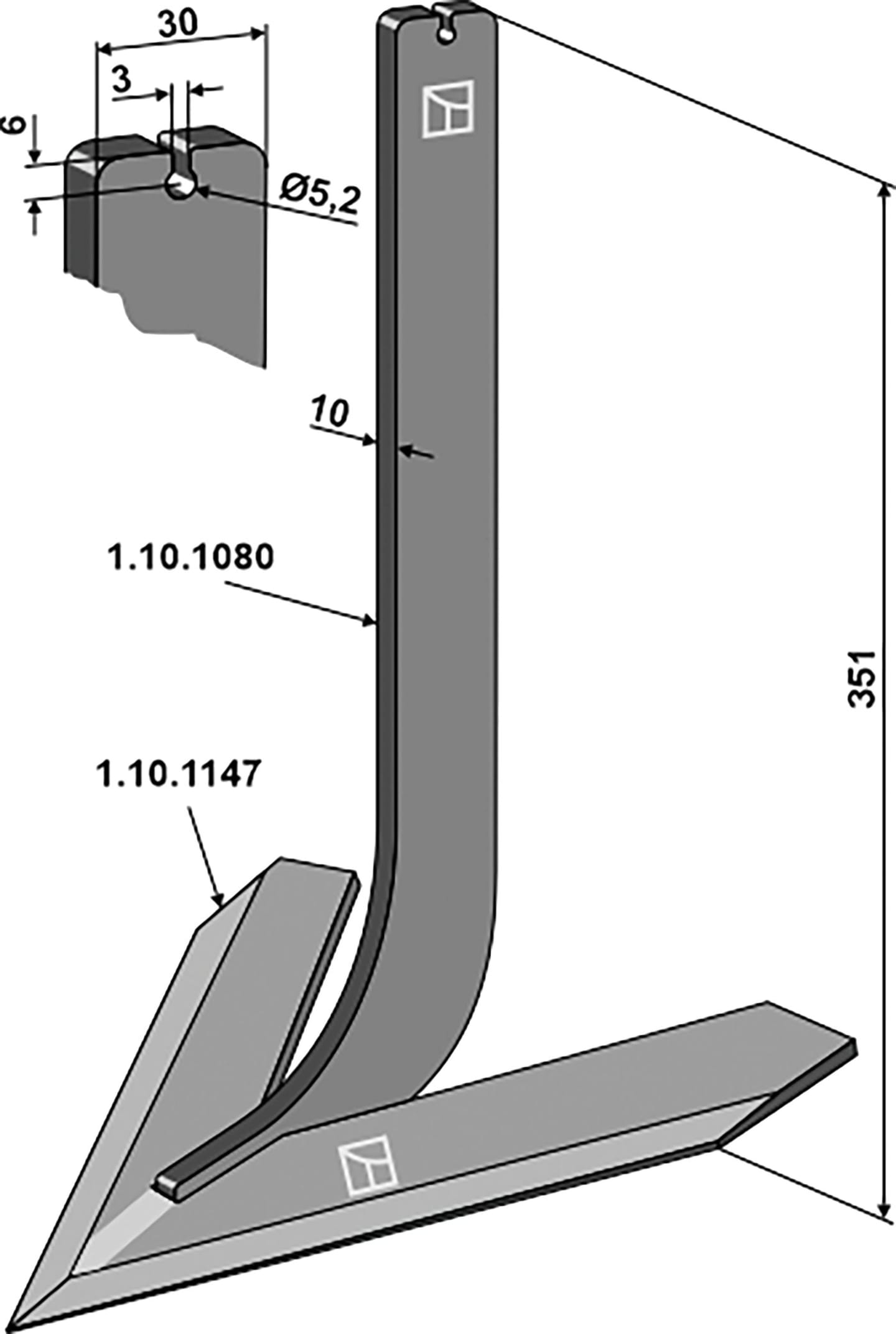 Industriehof® Hackscharstiel 348 x 30 x 10 mm, mit Schar 260 mm, für Steketee, 1.10.1163