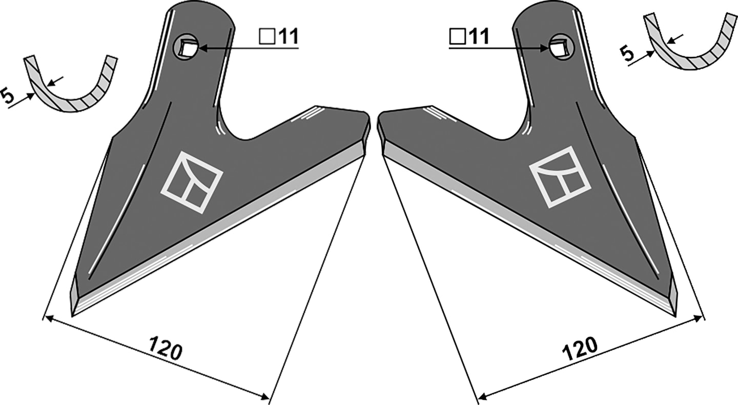 Industriehof® Hackschar, Halbschar gekröpft links/rechts, Arbeitsbreite 120 mm, Arbeitswinkel 42 °, für Einböck
