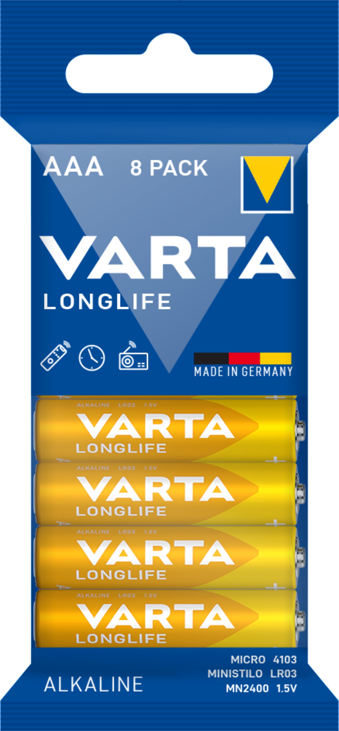 VARTA Batterie Alkaline Longlife AAA; Micro; LR03 1,5 V/1.200 mAh, 8 St. Folie,