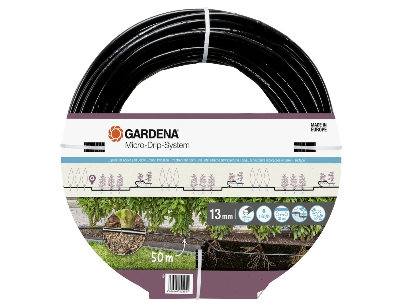GARDENA Micro-Drip-System ober-/unterirdisches Tropfrohr für Büsche/Hecken, 50 m, Tropfer 1,6 l/h, 13504-20