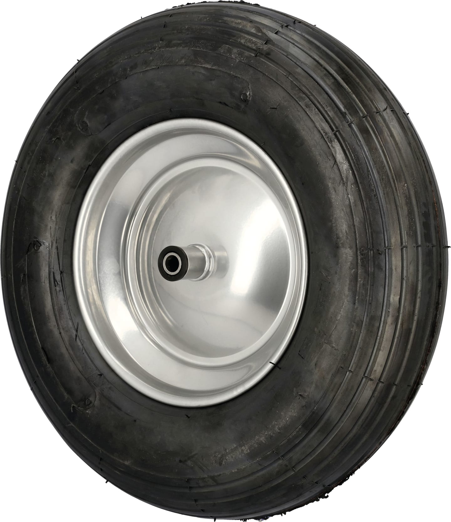 Knochenmuß Komplettrad 400x100, 4.80/4.00 - 8 4 PR Rille, Felge Stahlblech, silber lackiert, Nylon-Gleitlager, Nabe 100 x 17 mm
