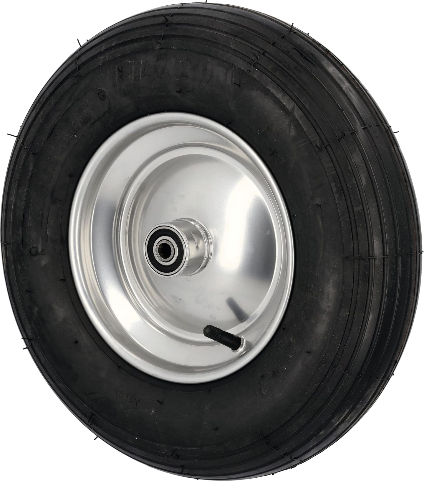 Knochenmuß Komplettrad 400x100, 4.80/4.00 - 8 4 PR Rille, Felge Stahlblech, silber lackiert, Kugellager, Nabe 100 x 17 mm