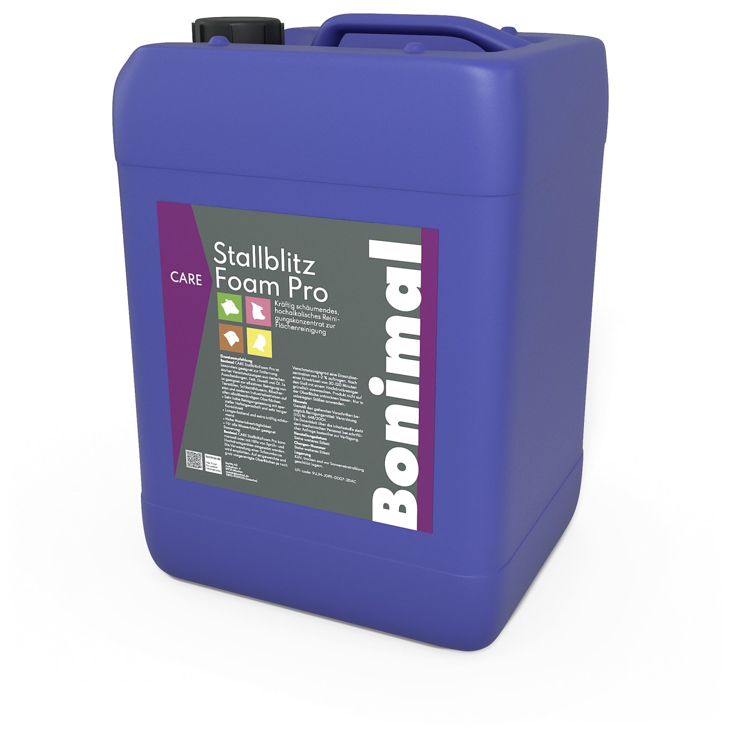 Bonimal CARE Stallblitz Foam PRO hochalkalischer Schaumreiniger insbesondere zur Entfernung starker Verschmutzung aus tierischen Ausscheidungen, Stallreinigungsmittel 24 kg Kanister