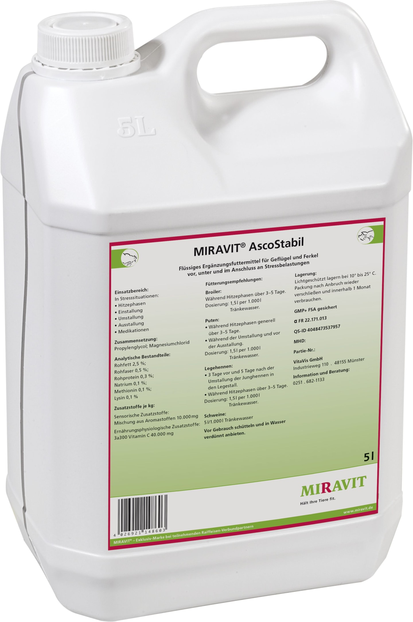 MIRAVIT® AscoStabil zur Stabilisierung des Organismus in Stresssituationen wie Hitzestress oder Umstallung flüssig 5 l Kanister