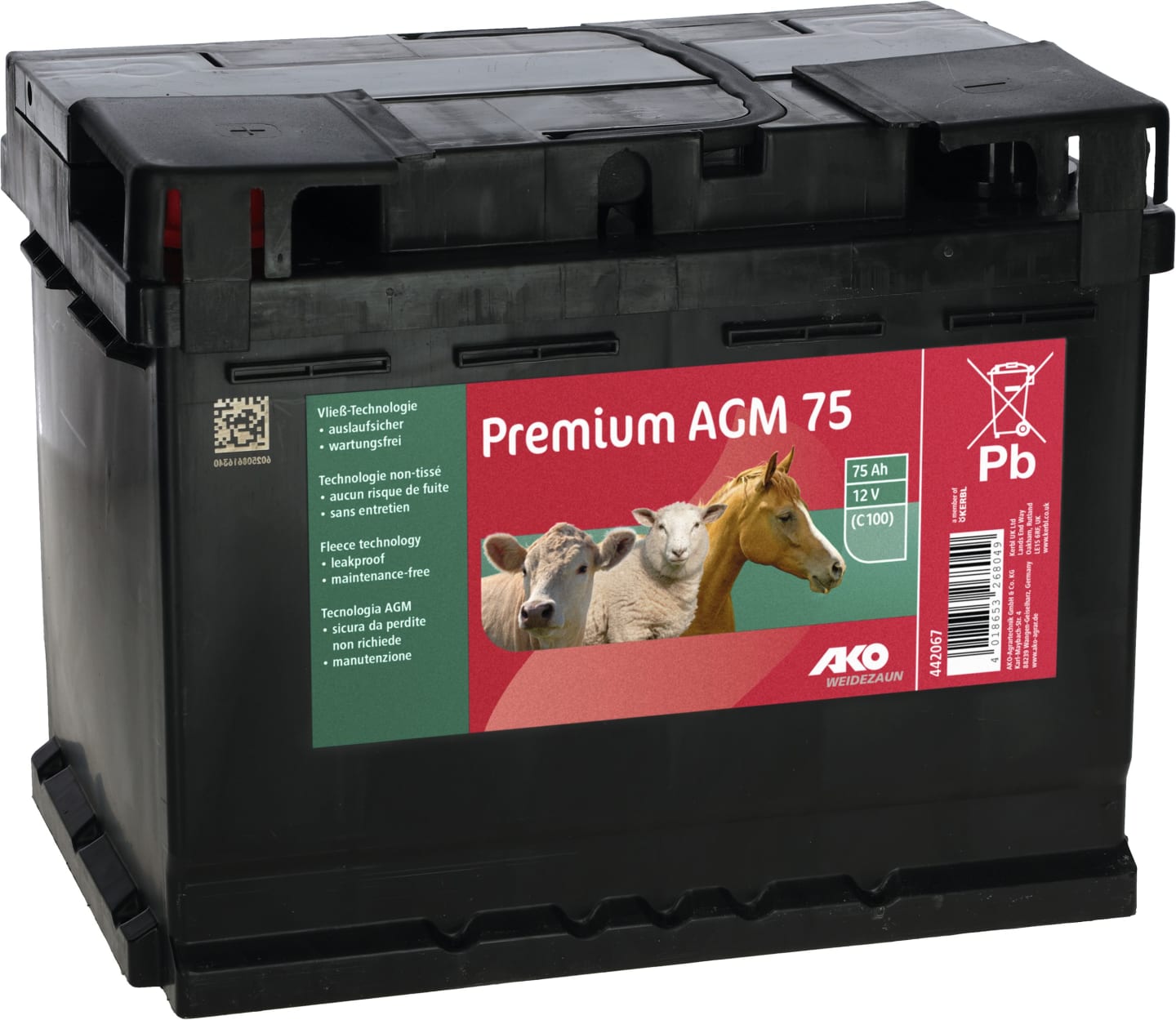 Ako Weidezaunbatterie "Premium" 12 V/75 Ah AGM, für Weidezaungeräte, 442067