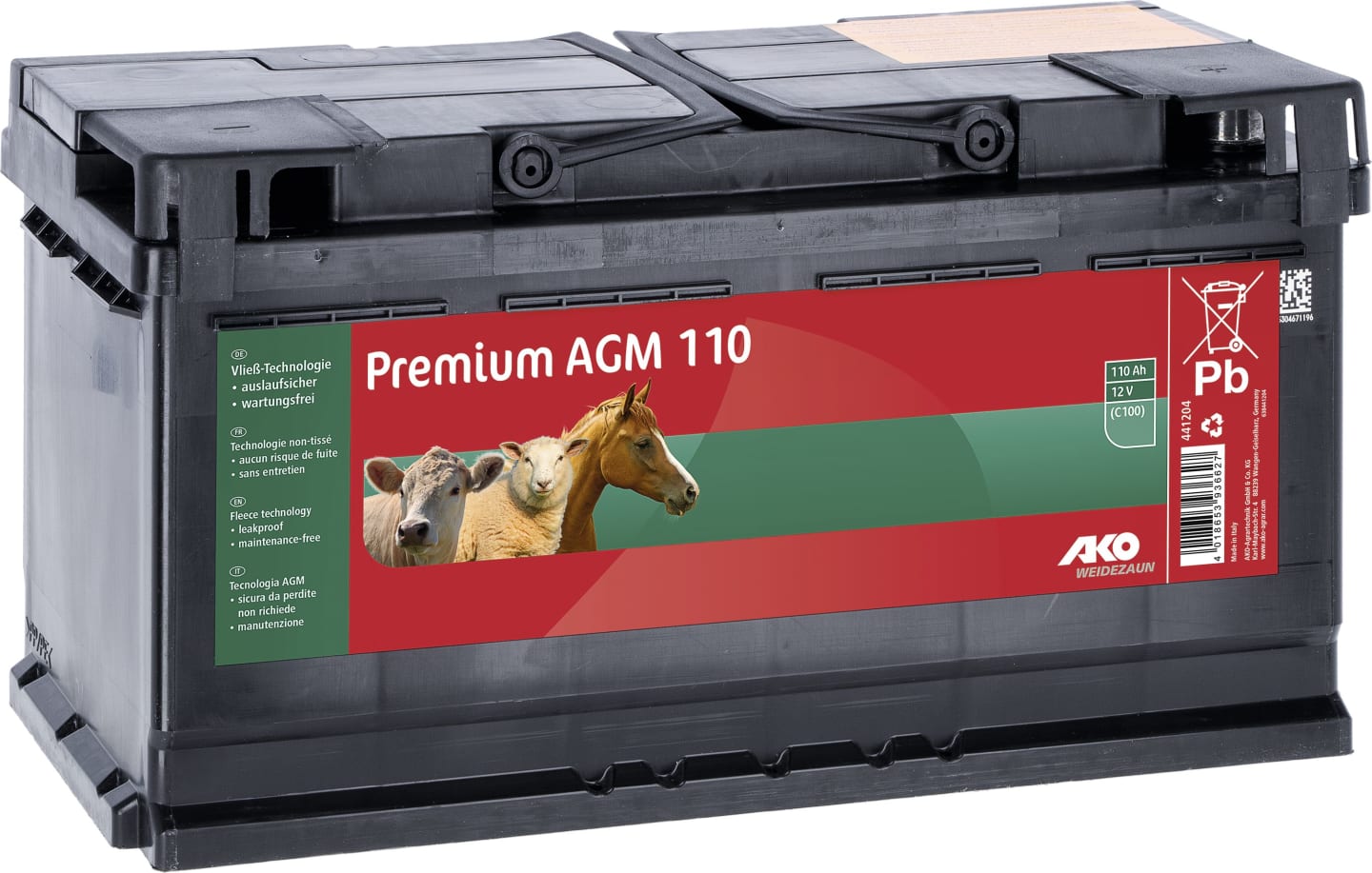Ako Weidezaunbatterie "Premium" 12 V/110 Ah AGM, für Weidezaungeräte, 441204