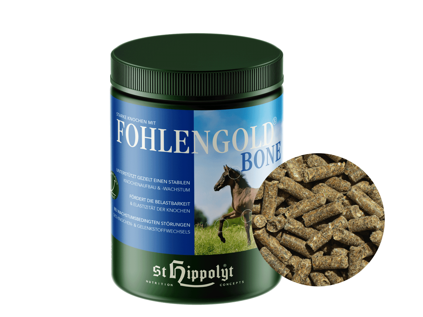 St. Hippolyt Fohlengold BoneCare zur bedarfsgerechten Versorgung von Fohlen und Jungpferden 1 kg Dose