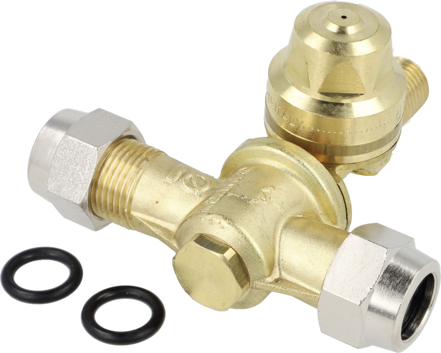 Agrotop Düsenhalter für 2 Düsen, G 1/4" AG (Eingang); G 3/8" AG (Düsenanschluss), mit Membran-Tropfstopventil und Schwenk-Abstellfunktion, Messing, 12799