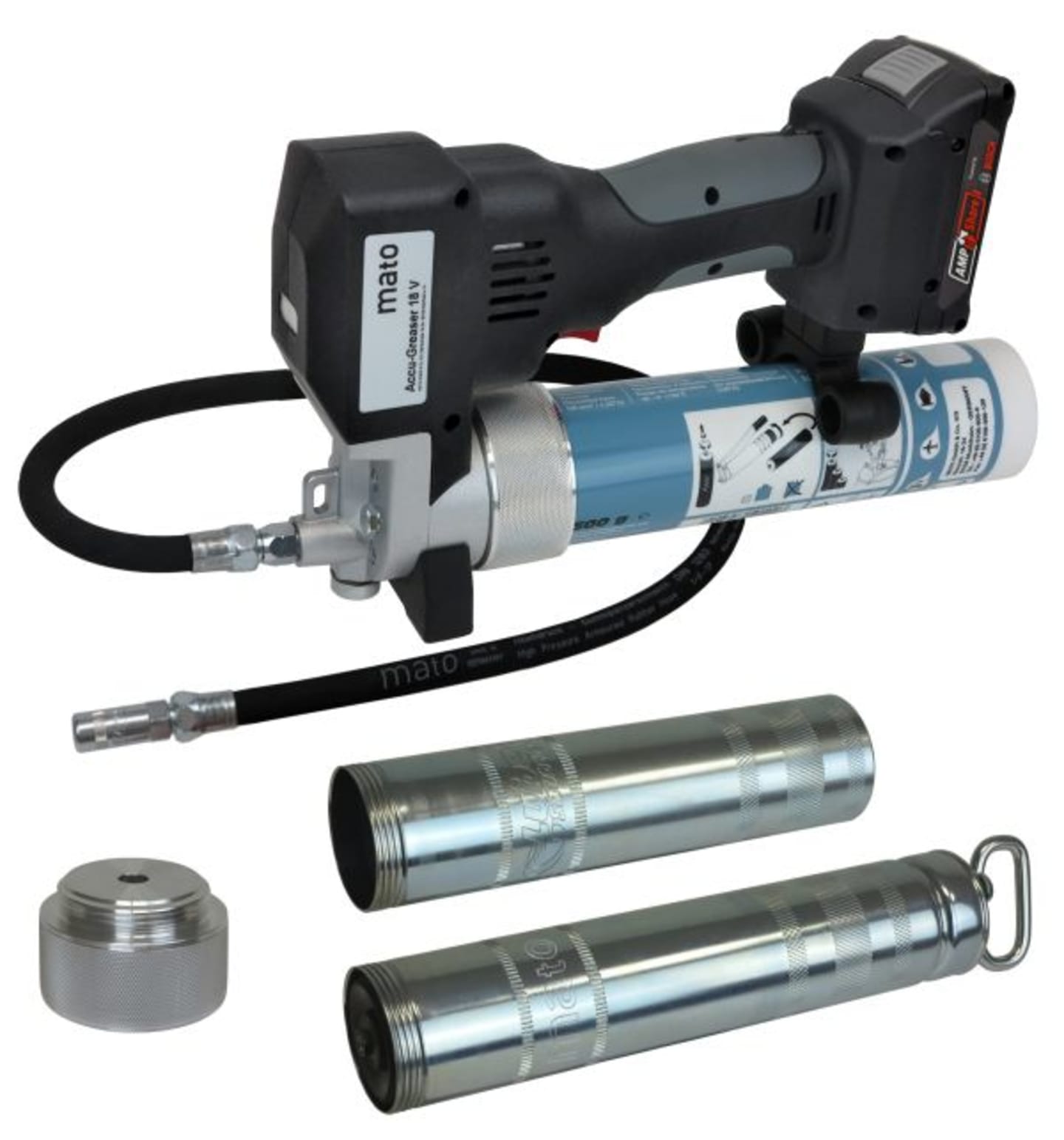 mato Akku-Fettpresse ACCU-GREASER 18V PREMIUM-S-LSP AMP für Pull-Off-, Lube-Shuttle- und Schraubkartuschen, mit Akku (18 V|2,0 Ah) und Ladegerät 3424411