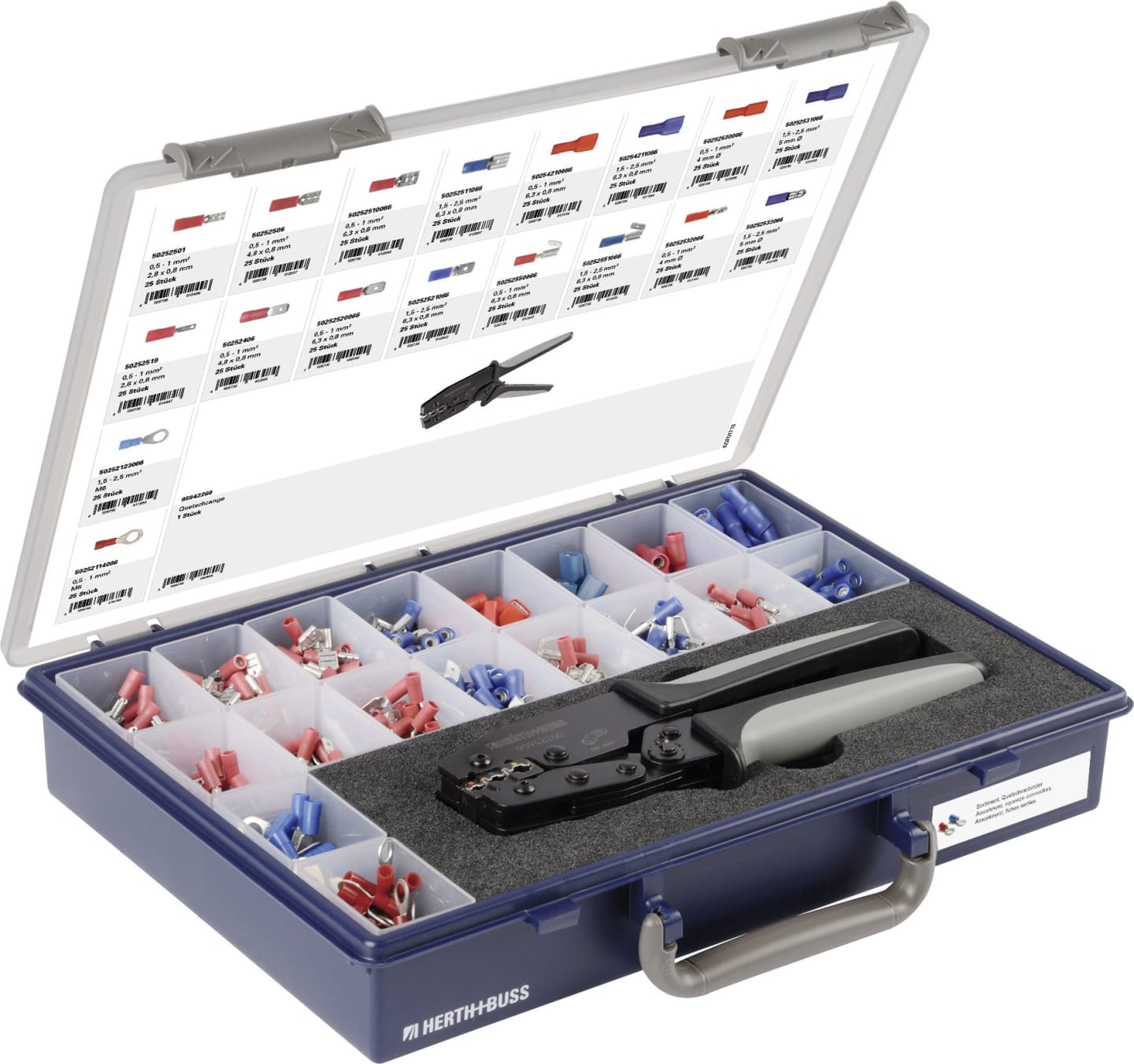 Herth + Buss Quetschverbinder-Sortiment 450 St., teilisoliert, mit Flachstecker/-hülsen, Steckverteiler, Rundstecker, Quetschzange, 54 254 152