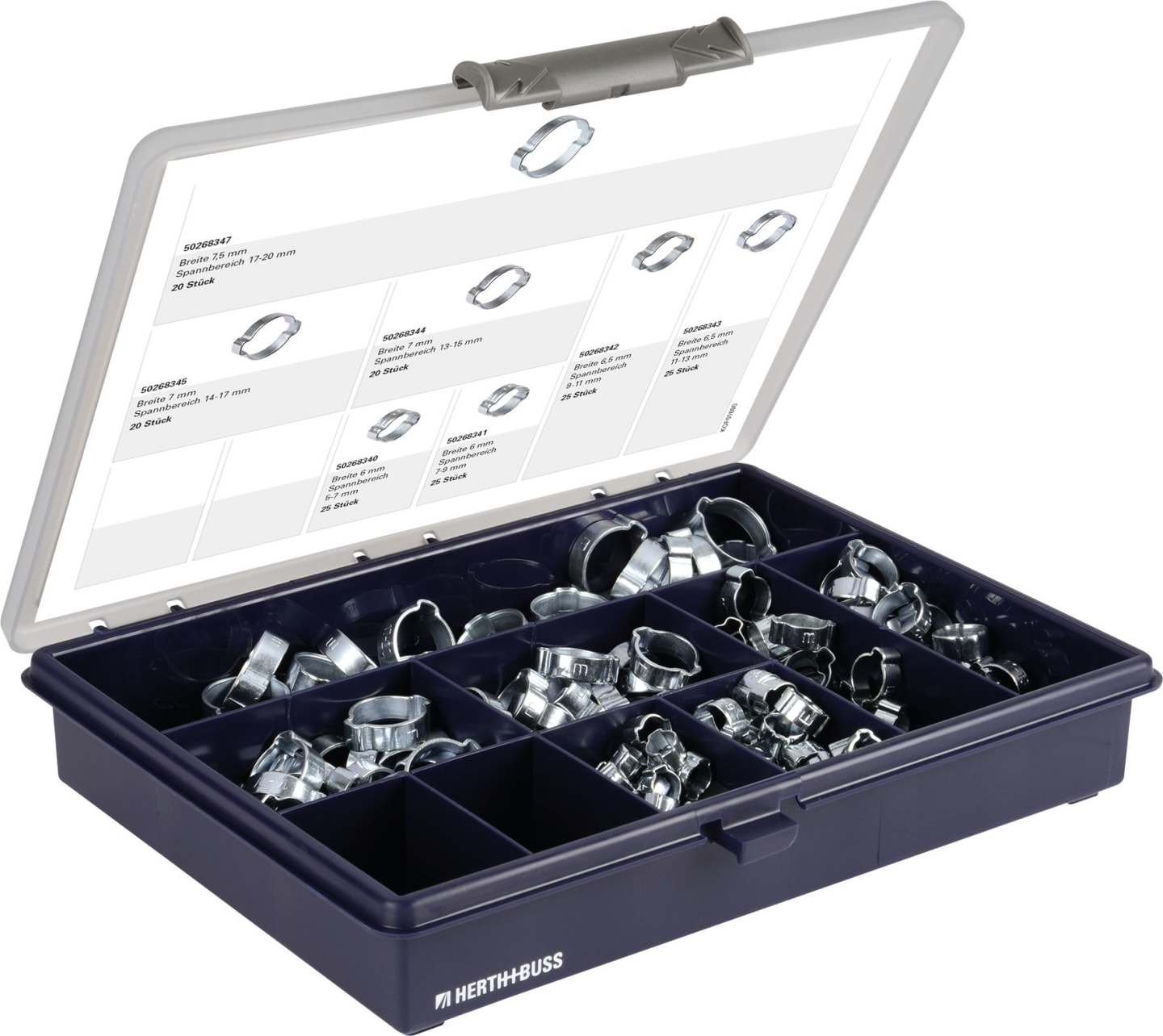 Herth + Buss 2-Ohr-Schlauchklemmen-Sortiment 160 St., Stahl (W1) verzinkt, Durchmesser 5 – 20 mm, 54 268 200