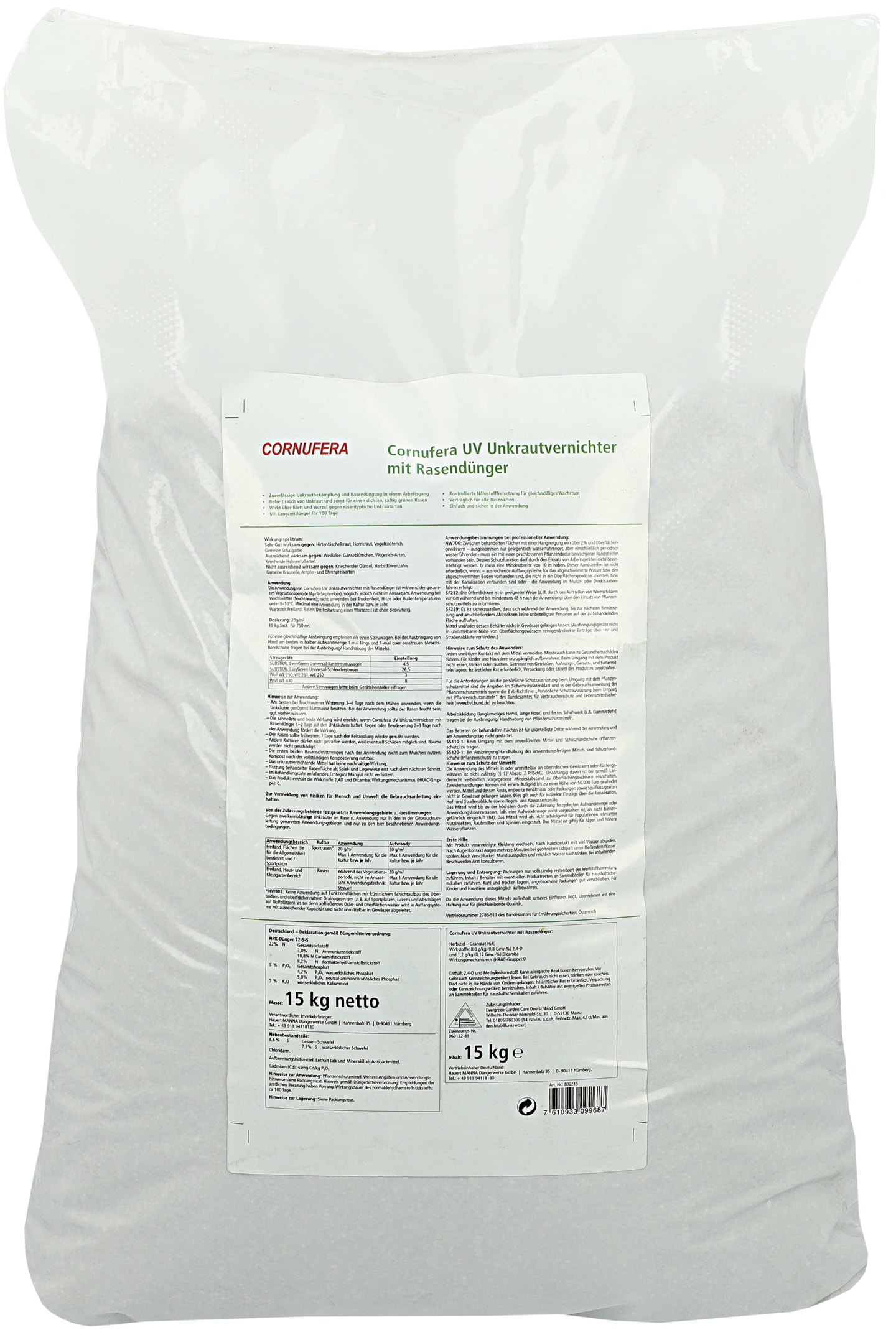 Cornufera® UV Unkrautvernichter NPK 22+5+5 mit Rasendünger 15 kg Sack 750 m²