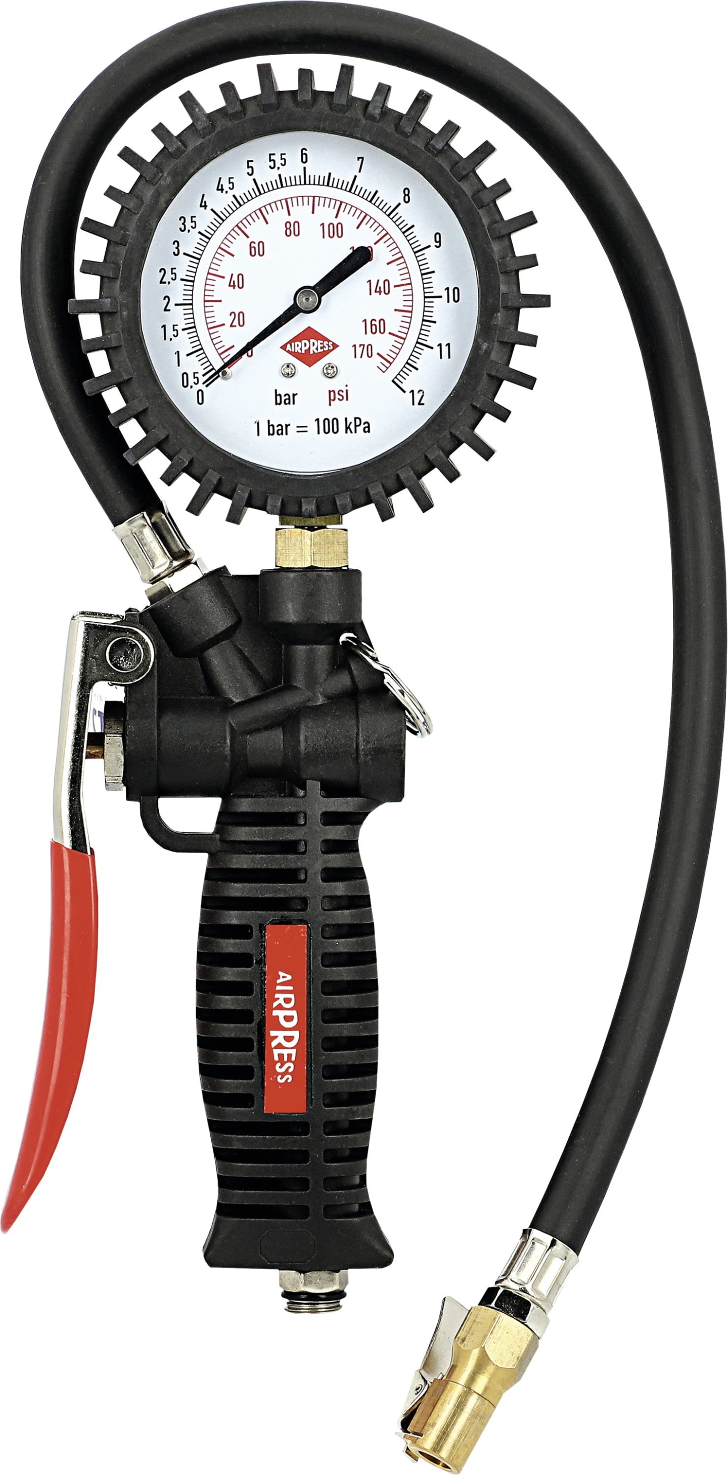 Airpress Reifenfüllprüfer, 0 bis 12 bar, 1/4" AG, vertikales Manometer, doppelte Skala (bar/psi), Gummischutz, ohne Druckluftstecker, 42078