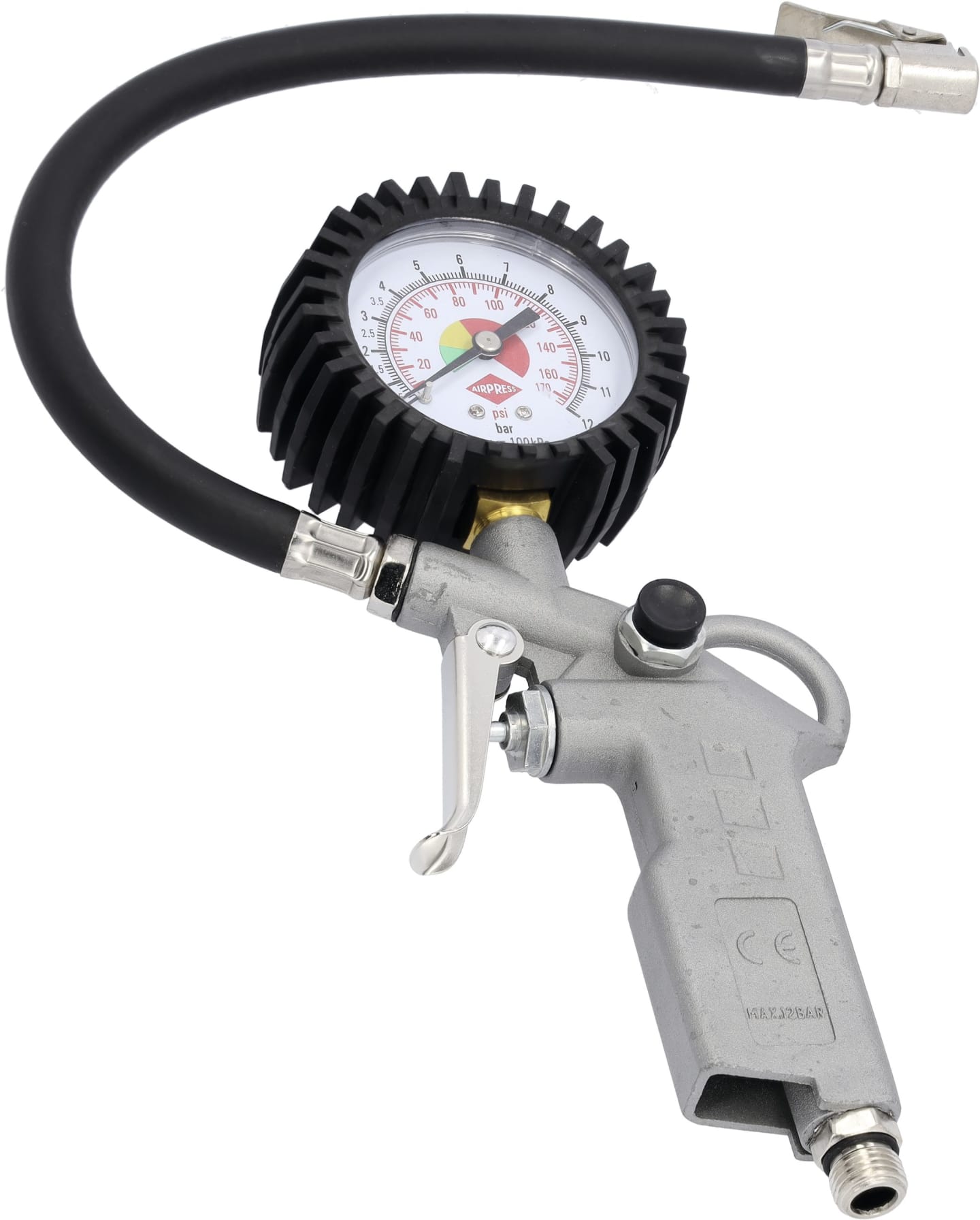 Airpress Reifenfüllprüfer, 0 bis 12 bar, 1/4" IG unten, vertikales Manometer, doppelte Skala (bar/psi), Gummischutz, ohne Druckluftstecker, 4300021