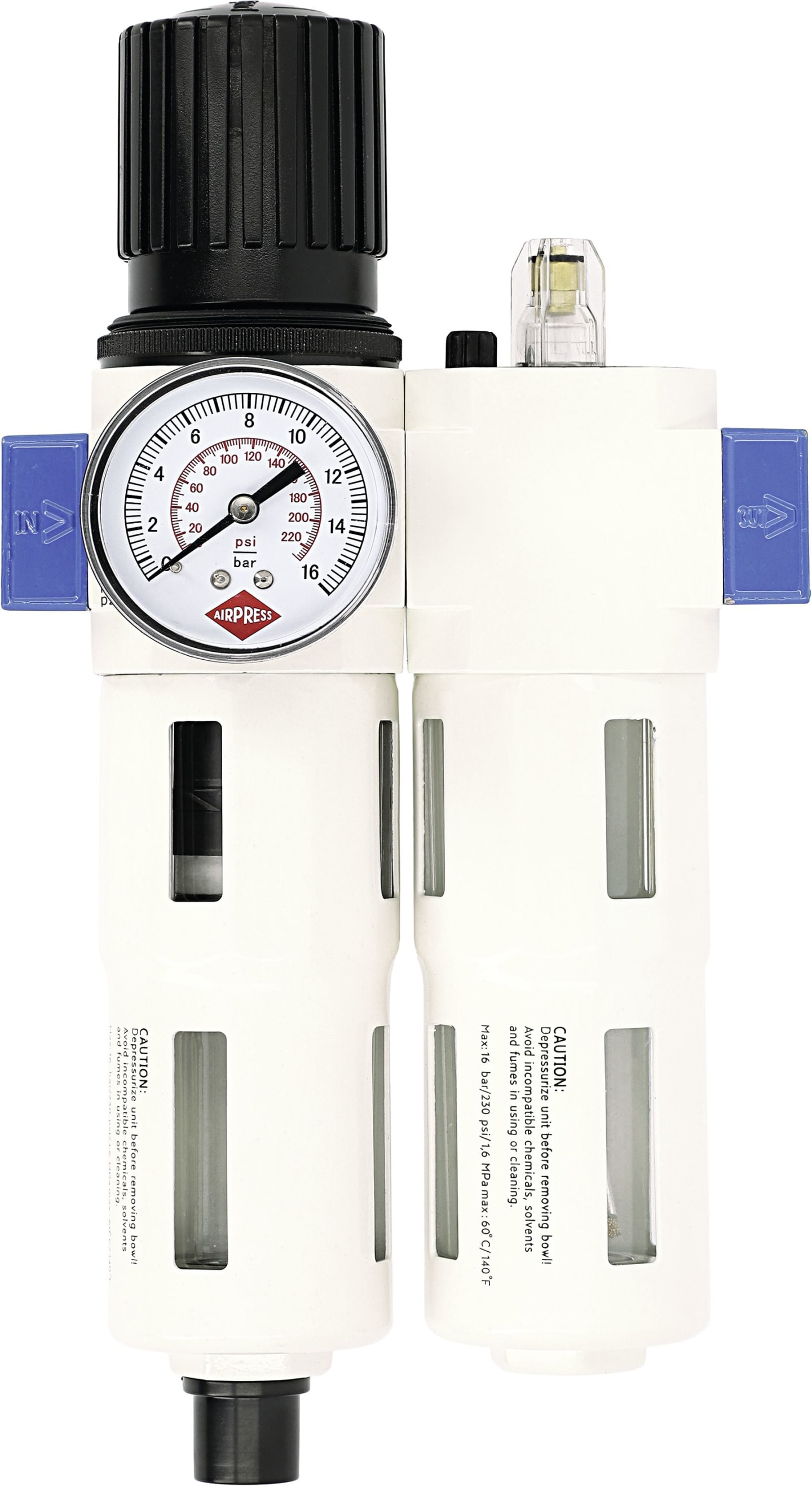 Airpress Wartungseinheit 1/2" AG, Ansaugleistung 2.620 l/min, vertikales Manometer, doppelte Skala (Bar/PSI), 45200016