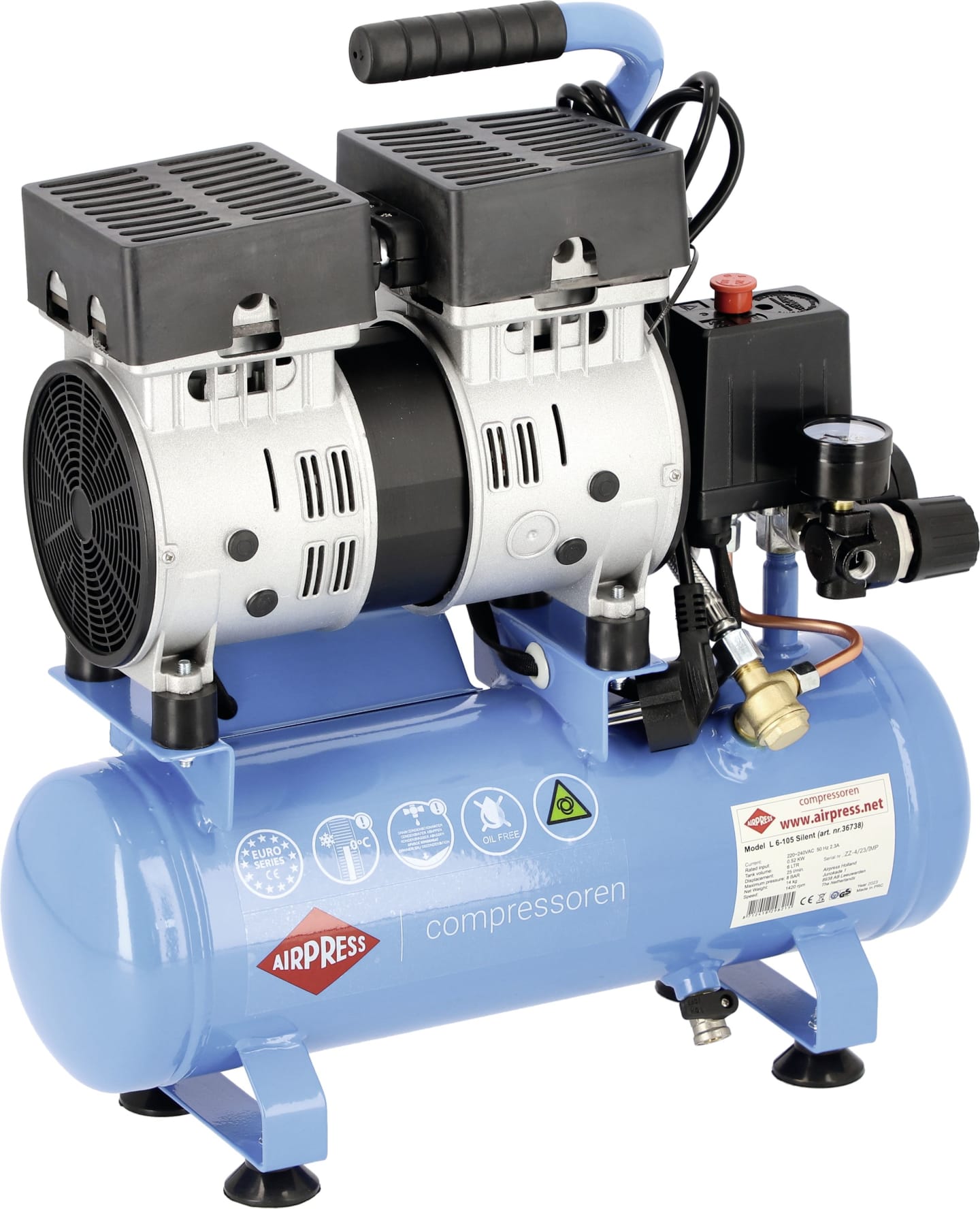 Airpress Kompressor "L 6-105 Silent" 6 l-Behälter, Abgabeleistung 48 l/min, Druck max. 8 bar, ölfrei, 36738