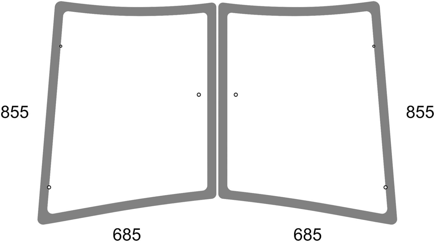 Eckscheibe grün, links/rechts, Siebdruck, für Traktor Massey Ferguson 5.S, 6.S, 7.S, 600, 5000, 6000, 7000, 8000