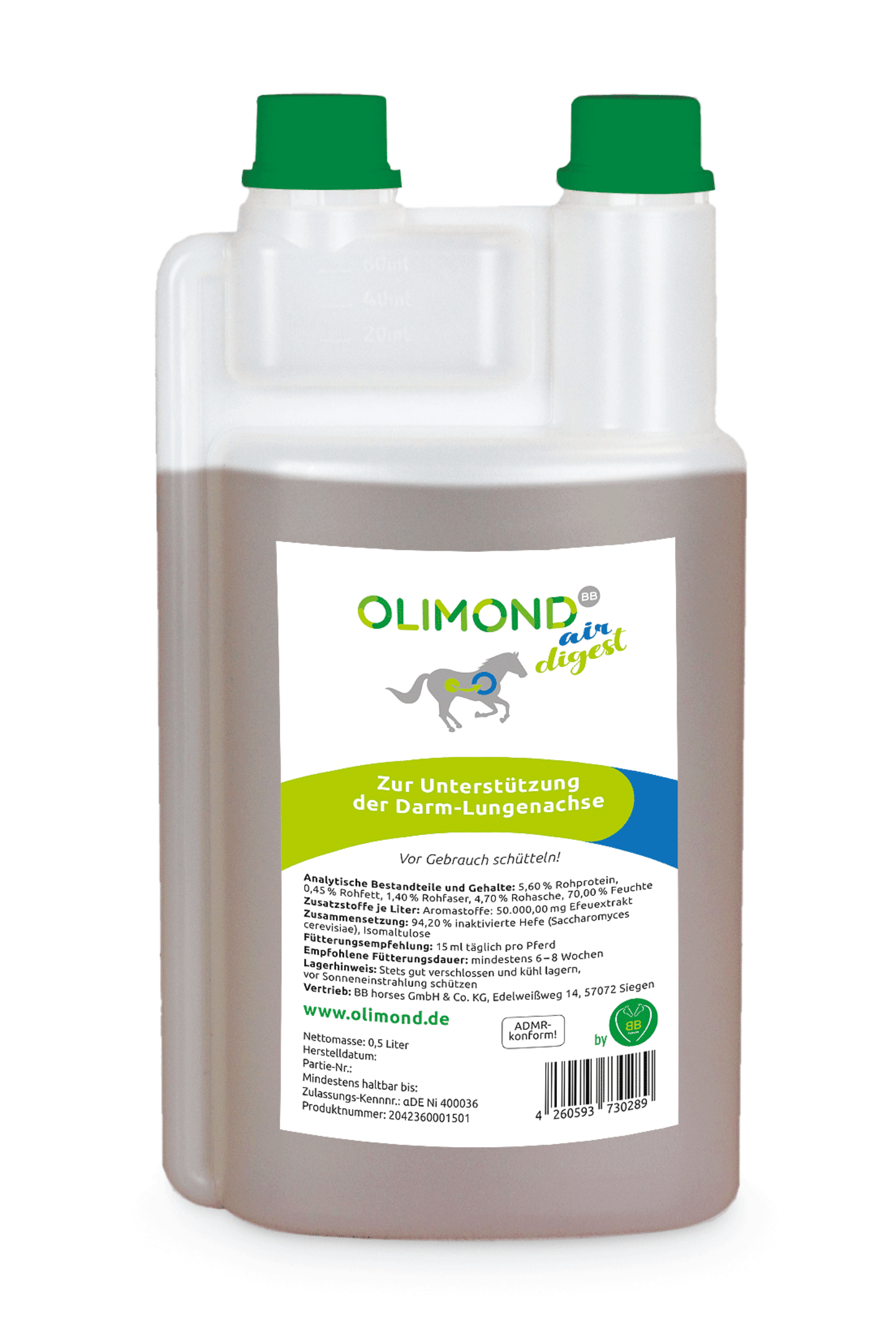 Olimond BB airdigest mit Wirkstoffen für Atemwege von Pferden 1 l Flasche