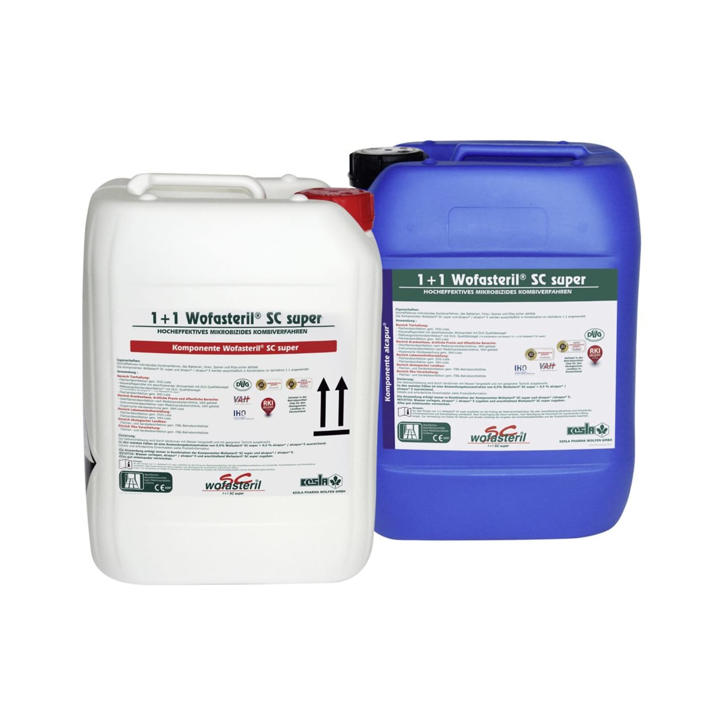 KESLA 1+1 Wofasteril SC super (VK-Set aus 2 Kanistern) 2-Komponenten Desinfektionsmittel auf Basis von Peressigsäure für eine hocheffektive und umweltschonende Desinfektion bestehend aus 10 Liter Wofasteril SC super und 10 Liter alcapur (schäumend)