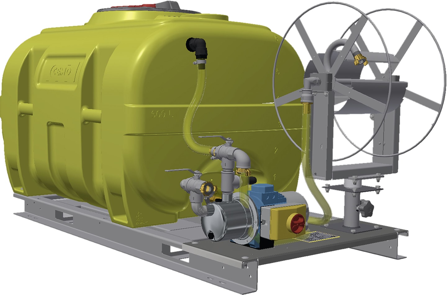 Cemo Bewässerungsanlage "BWS 130-PE" 3.000 l, 291 x 150 x 127 cm, ohne Akku, mit Schwallwand, PE-Fass, Elektropumpe, Schlauchhaspel, 11542