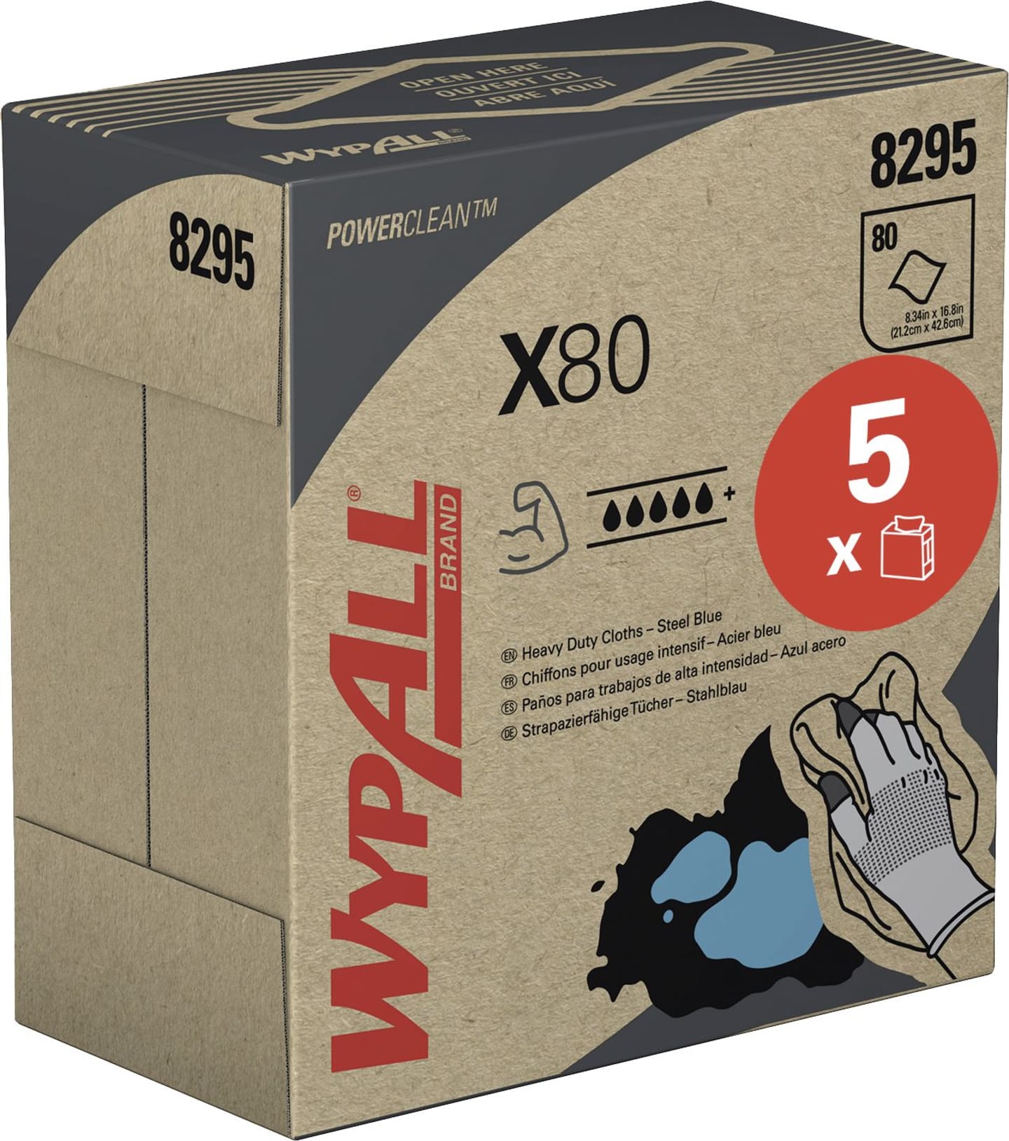 Putztuch "WypAll® X80 Power Clean™" L x B 426 x 212 mm, stahlblau, 1-lagig, 5 x Zupfbox á 80 Tücher (400 Tücher), 8295