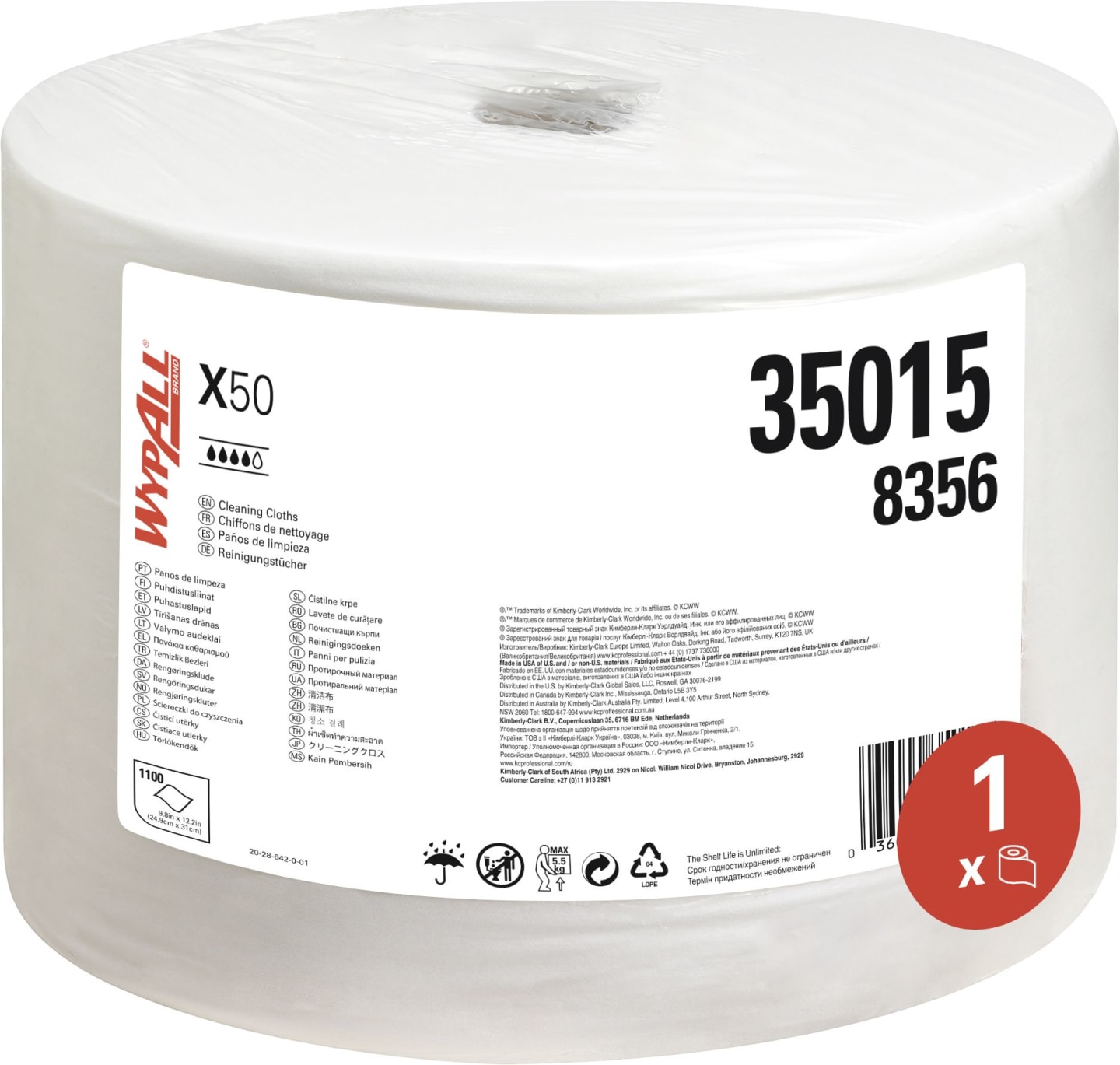 Putztuch "WypAll® X50 General Clean™" L x B: 310 x 249 mm, weiß, 1-lagig, 1 x Rolle á 1.100 Tücher, 8356