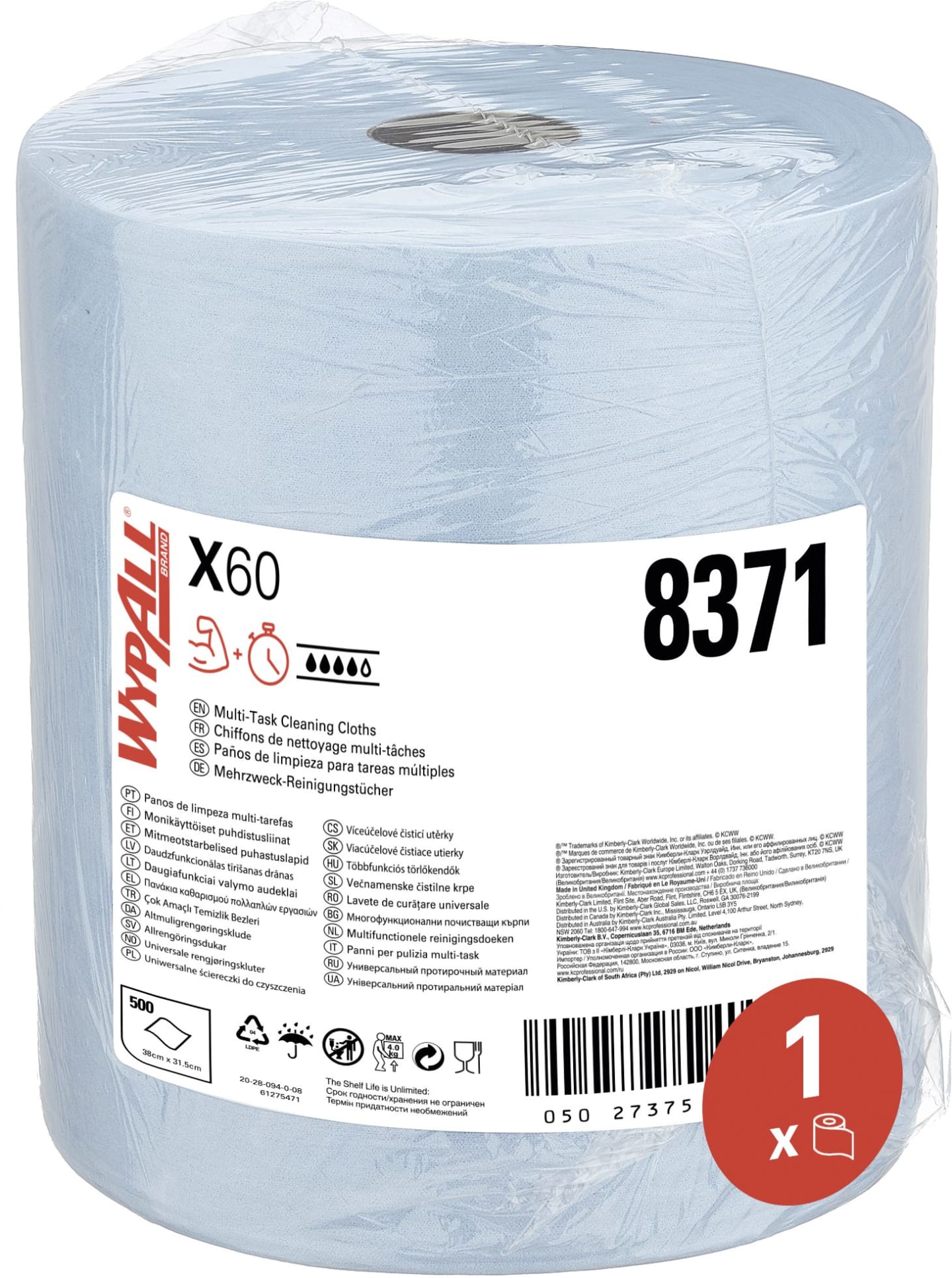 Putztuch "WypAll® X60 General Clean™" L x B: 380 x 315 mm, blau, 1-lagig, 1 x Rolle á 500 Tücher, 8371