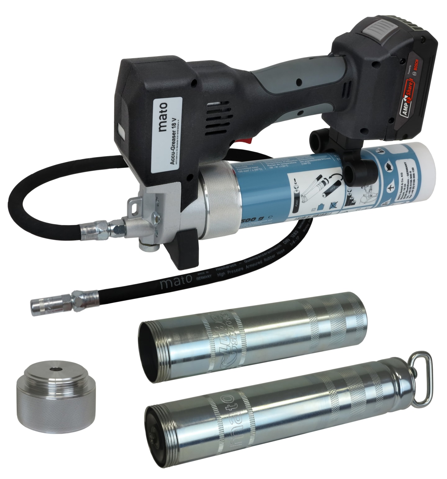 mato Akku-Fettpresse ACCU-GREASER 18V PROFESSIONAL-S-LSP AMP für Pull-Off-, Lube-Shuttle®- und Schraubkartuschen, mit Akku (18 V|4,0 Ah) und Ladegerät 3424428