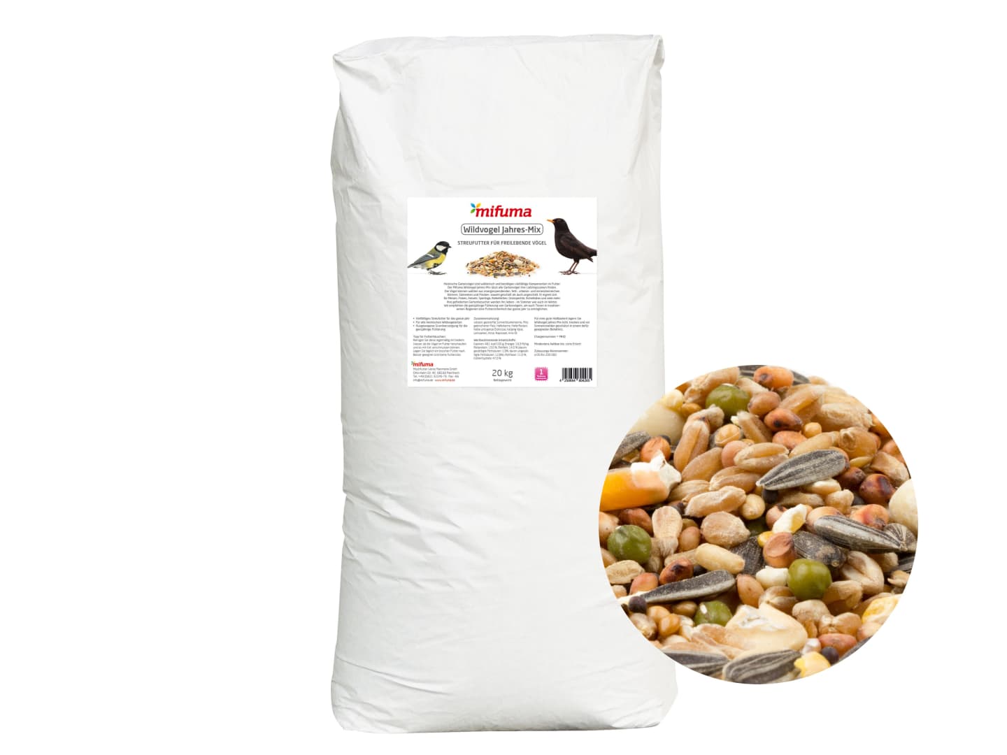 Mifuma Wildvogel Jahres-Mix Ganzjahresfutter für alle heimischen Gartenvögel ohne Ambrosia Körner 20 kg Sack