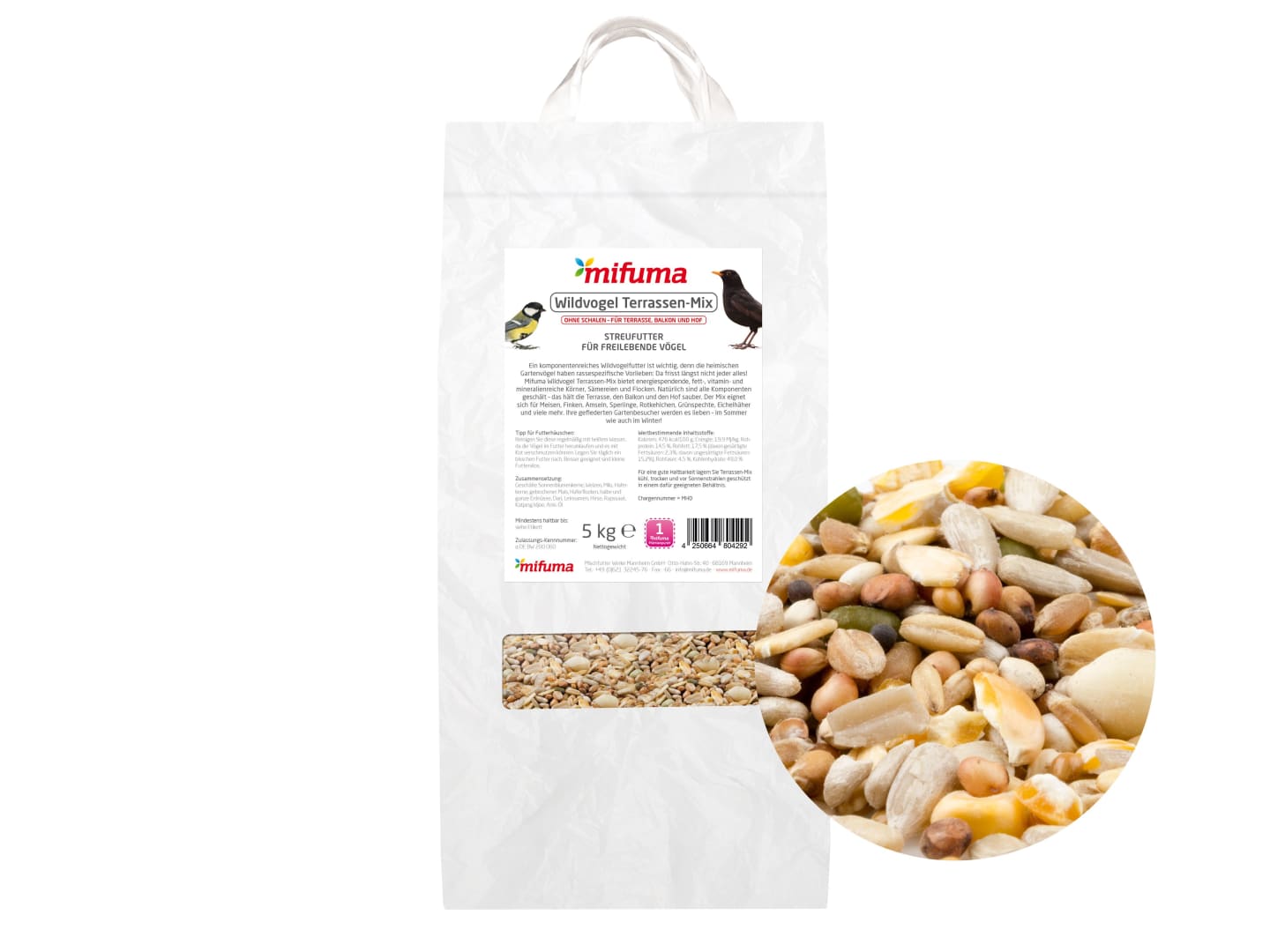 Mifuma Wildvogel Terassen-Mix Ganzjahresfutter ohne Schalen für alle heimischen Gartenvögel Körner 5 kg Sack