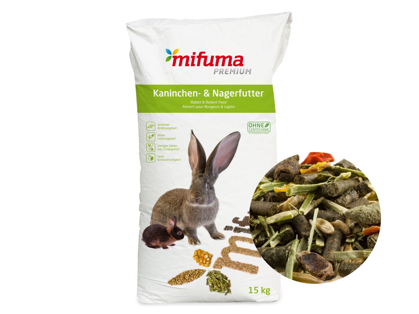 Mifuma Strukturmüsli rohfaserreiches Müsli für alle Kaninchenrassen, Meerschweinchen und Chinchillas Müsli 15 kg Sack