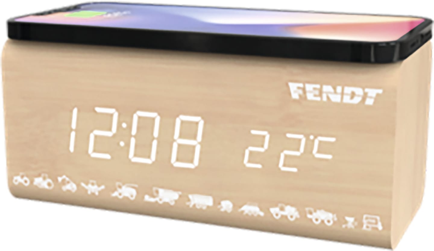 Fendt Tischwecker mit Uhr, Kalender, Temperatur und kabellosem Laden für Smartphones