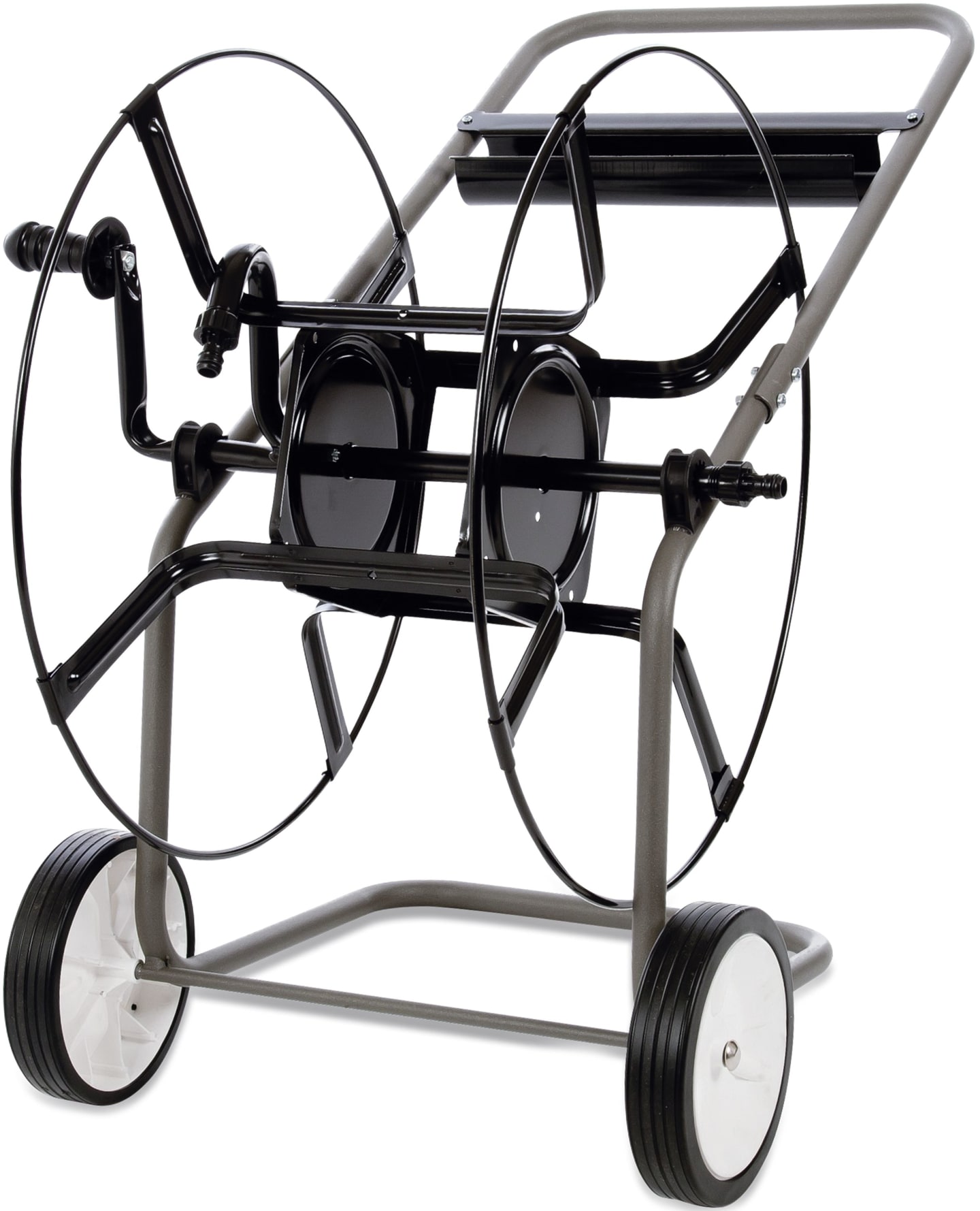 Schlauchwagen Anschluss Winkeltülle 1/2"; Winkeltülle 3/4"; drehbar; Messing Stahl, mit Ablage